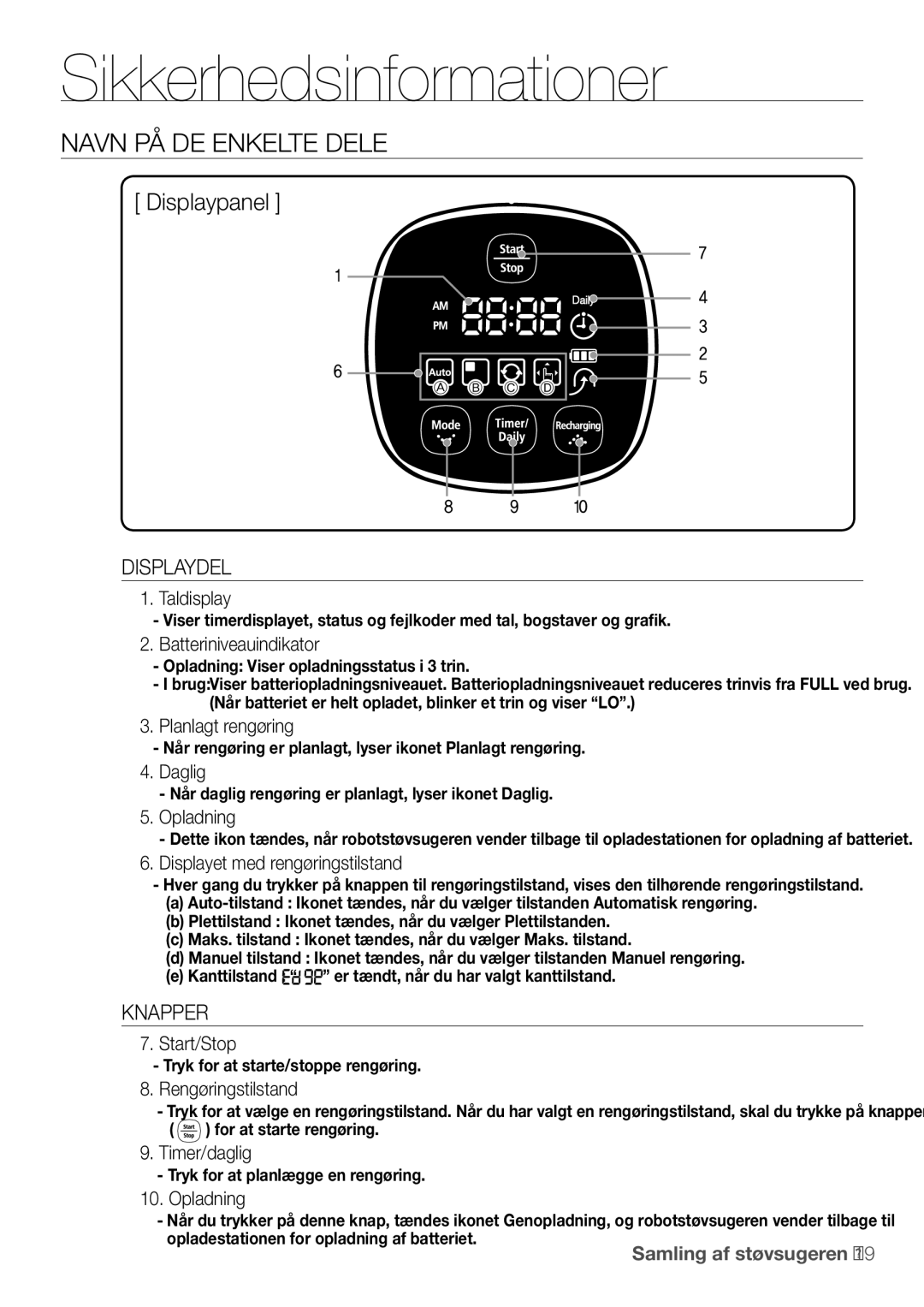 Samsung VR10F53UBAK/EE Taldisplay, Batteriniveauindikator, Planlagt rengøring, Daglig, Opladning, Start/Stop, Timer/daglig 