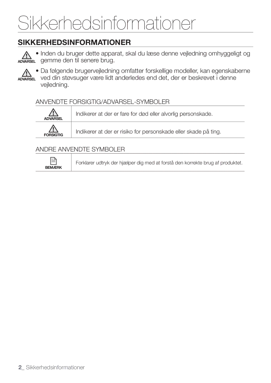 Samsung VR10F53UBAK/EE manual Sikkerhedsinformationer 