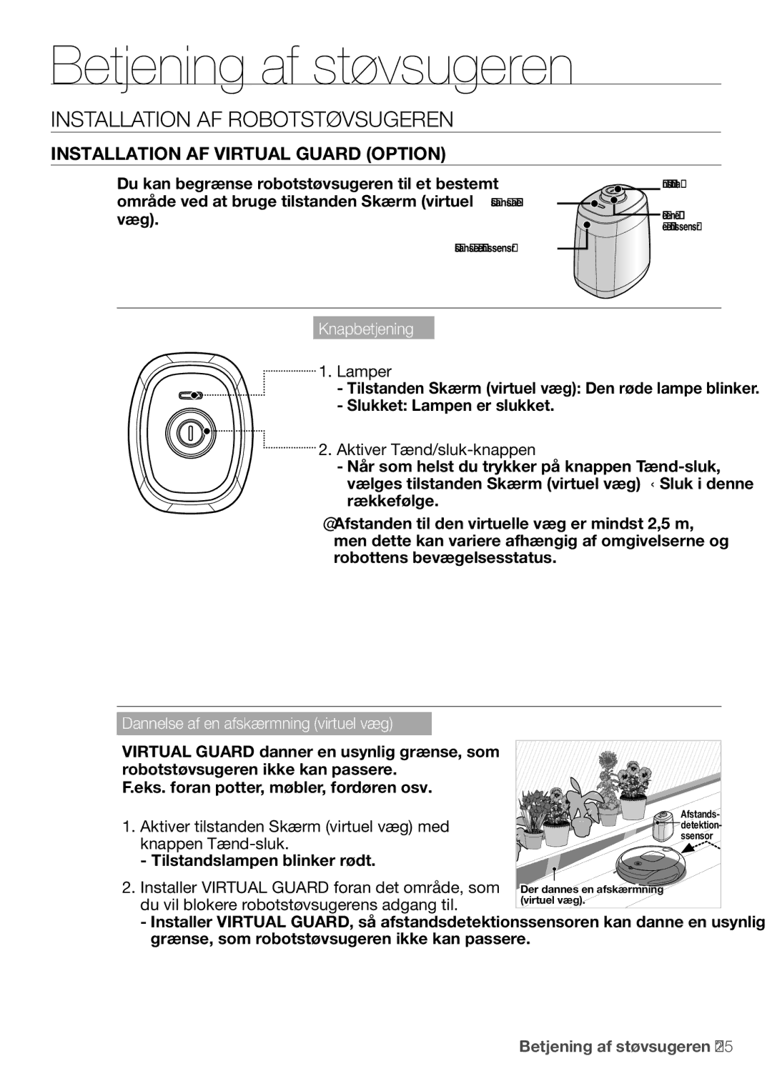 Samsung VR10F53UBAK/EE manual Installation af Virtual Guard option, Knapbetjening 