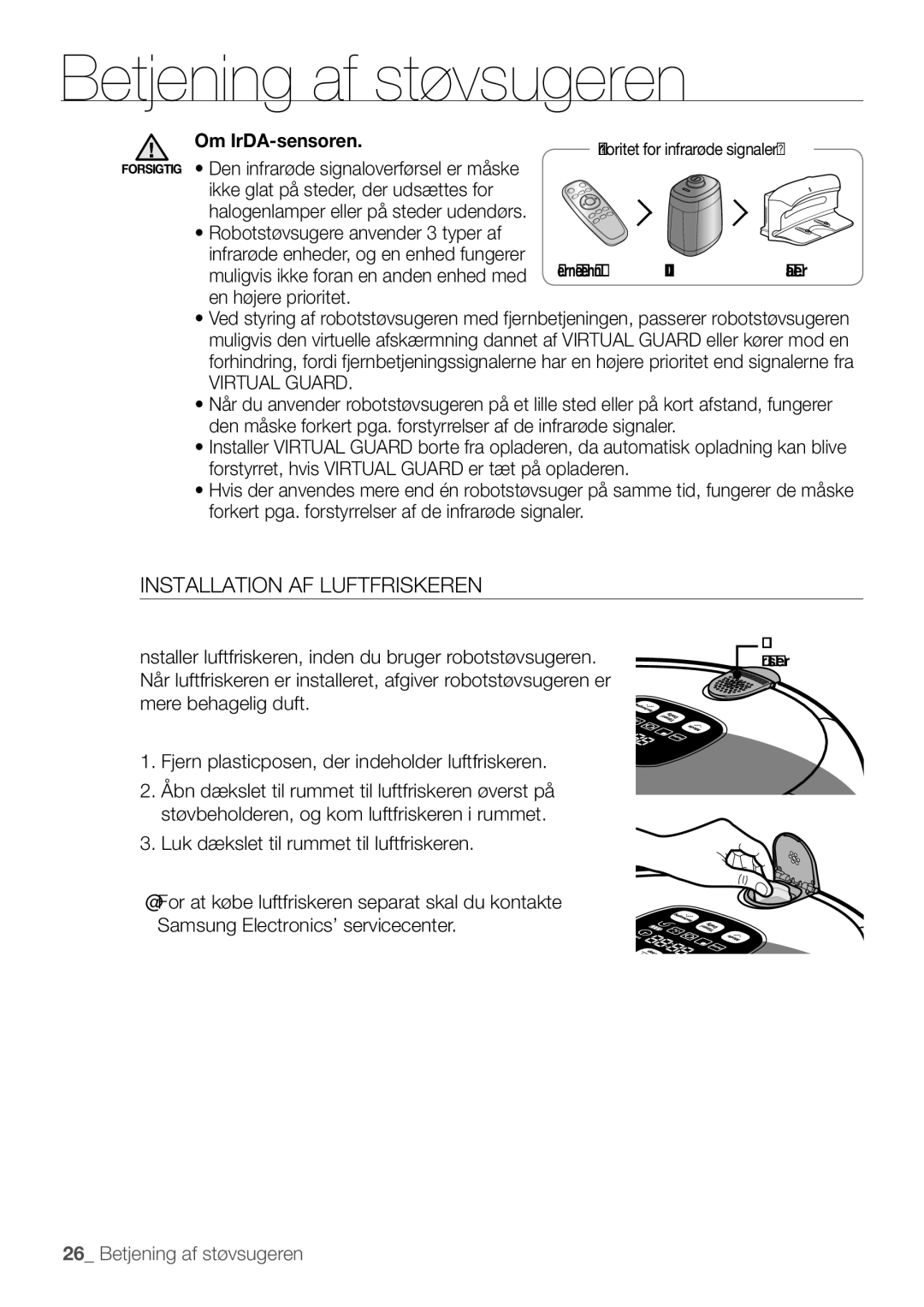 Samsung VR10F53UBAK/EE manual Installation af luftfriskeren, Om IrDA-sensoren 