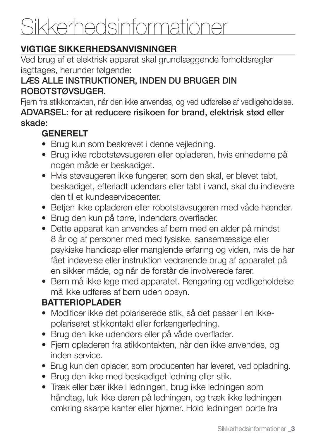 Samsung VR10F53UBAK/EE manual Vigtige Sikkerhedsanvisninger, Generelt, Batterioplader 