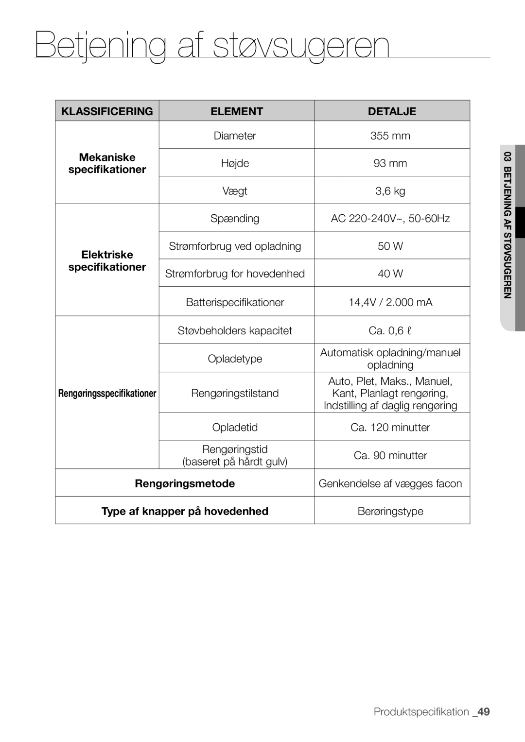 Samsung VR10F53UBAK/EE manual Mekaniske, Specifikationer, Elektriske, Rengøringsmetode, Type af knapper på hovedenhed 