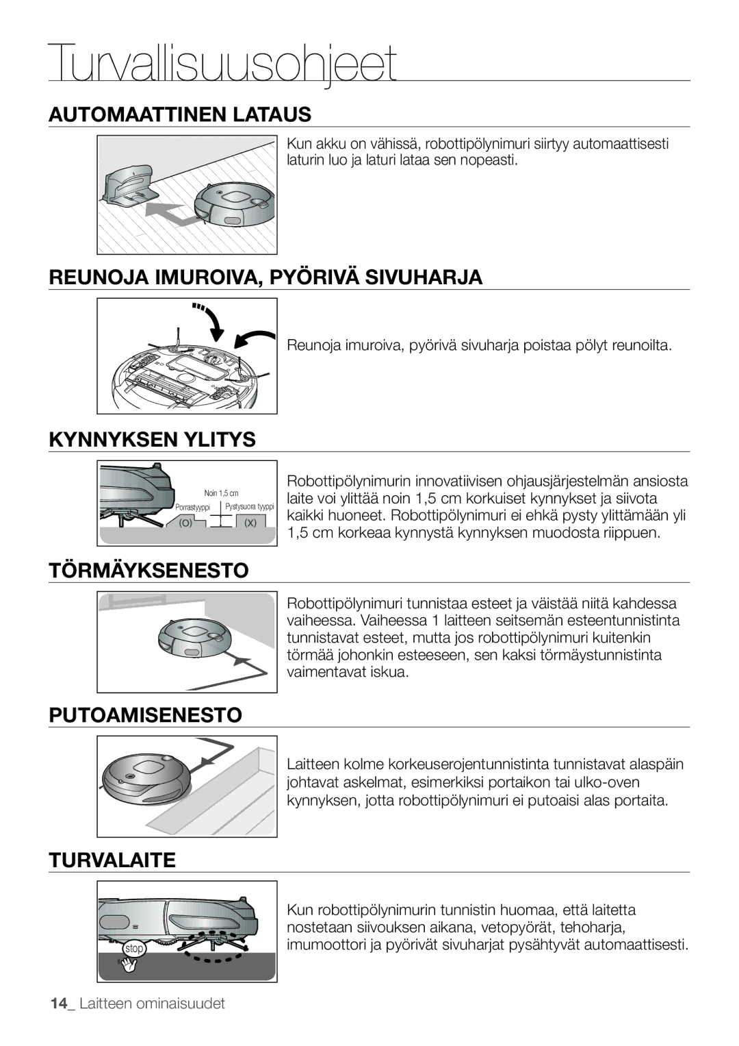 Samsung VR10F53UBAK/EE manual Automaattinen Lataus, Reunoja IMUROIVA, Pyörivä Sivuharja, Kynnyksen Ylitys, Törmäyksenesto 