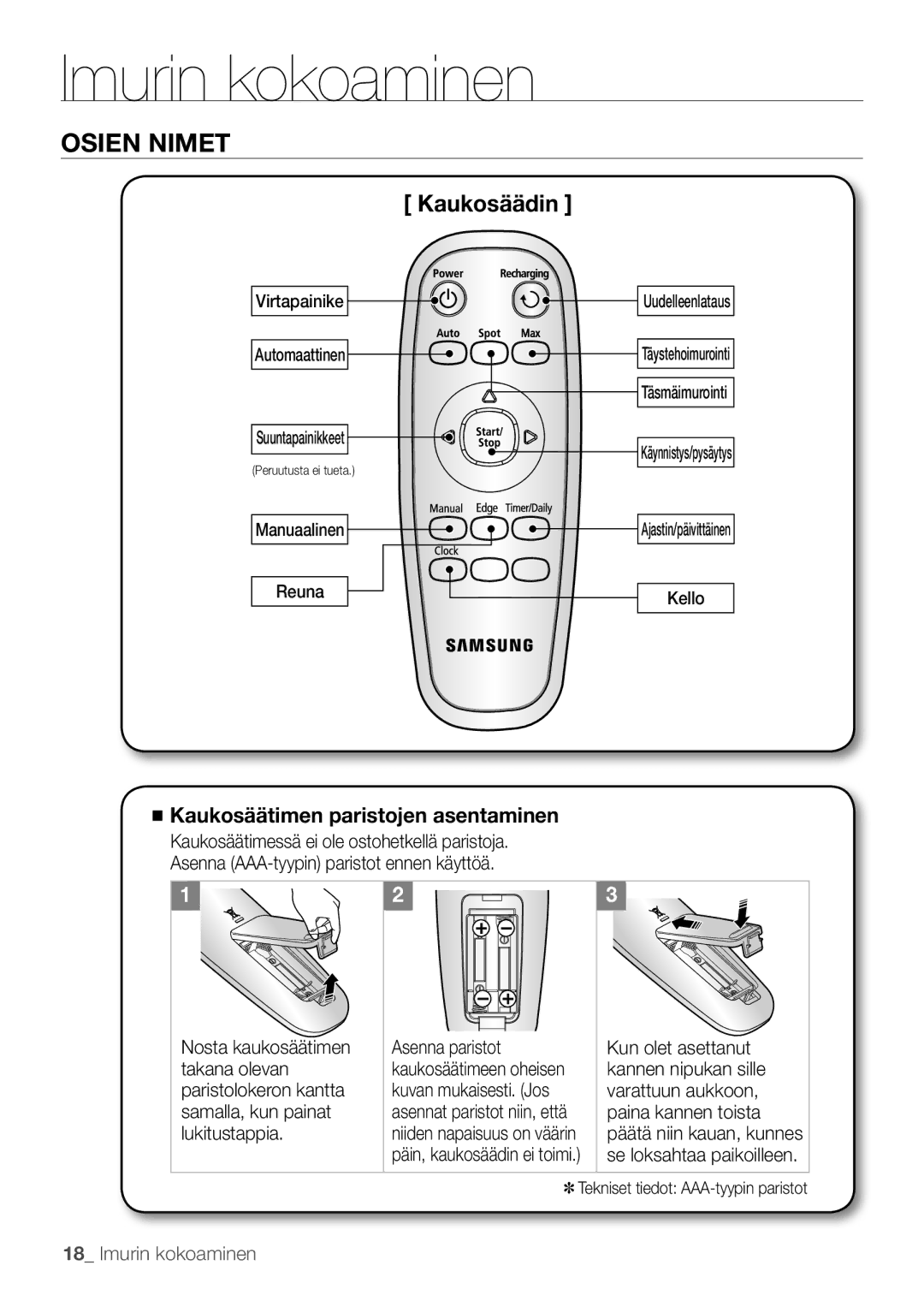 Samsung VR10F53UBAK/EE manual Kaukosäädin 