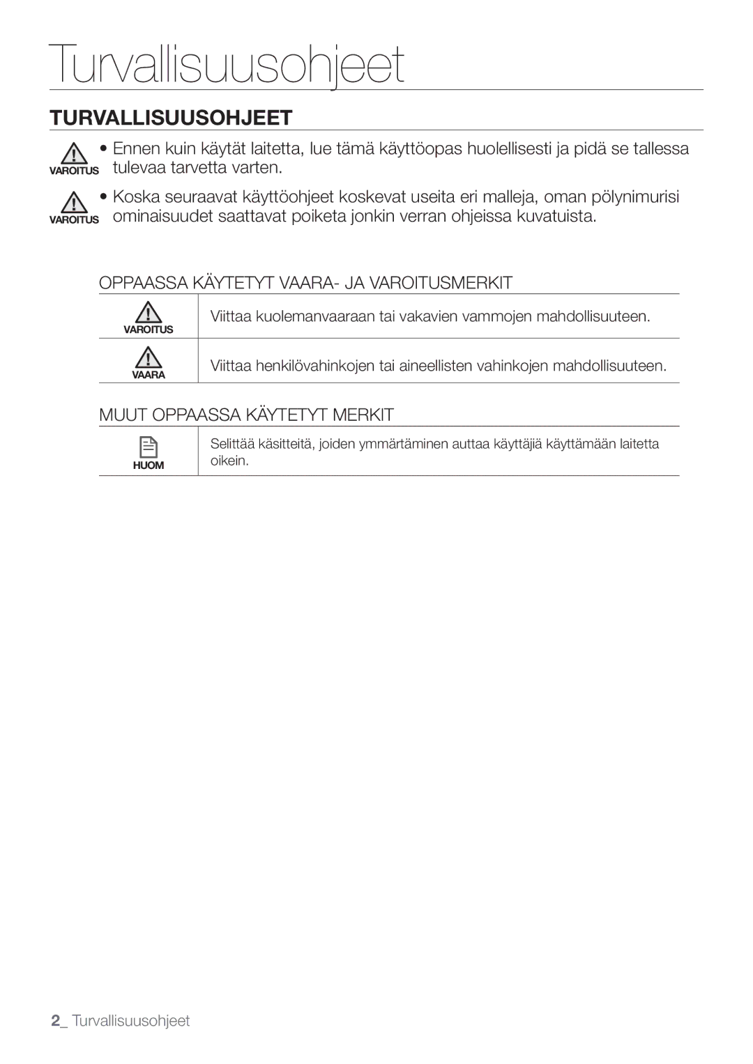 Samsung VR10F53UBAK/EE manual Turvallisuusohjeet 