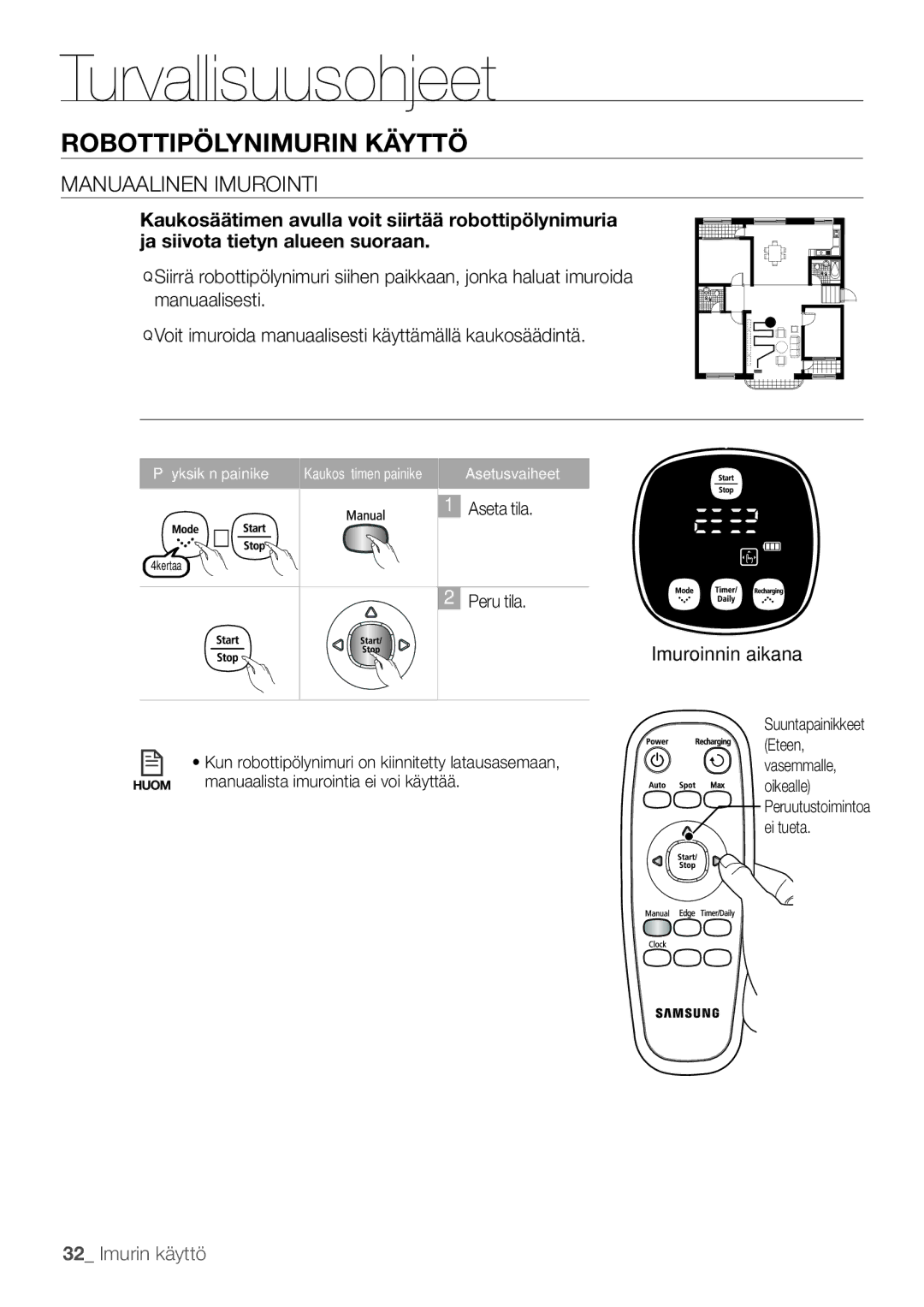 Samsung VR10F53UBAK/EE manual Manuaalinen imurointi, Imuroinnin aikana 