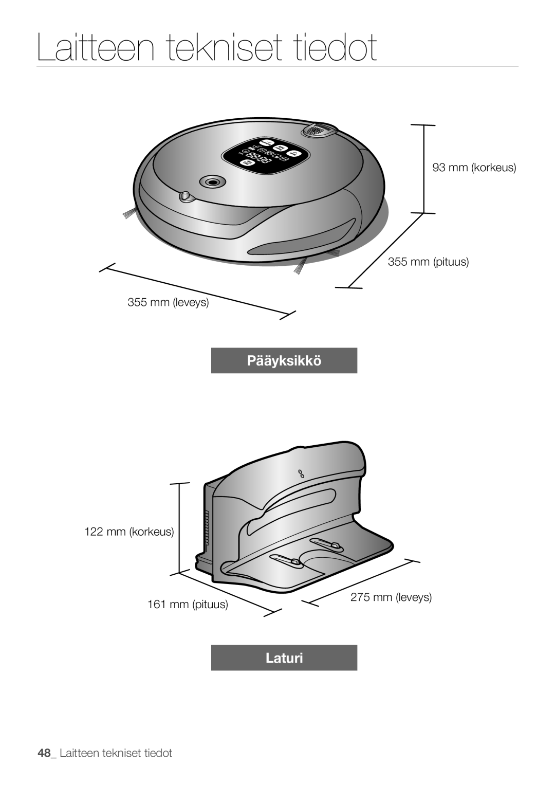 Samsung VR10F53UBAK/EE manual Laitteen tekniset tiedot 