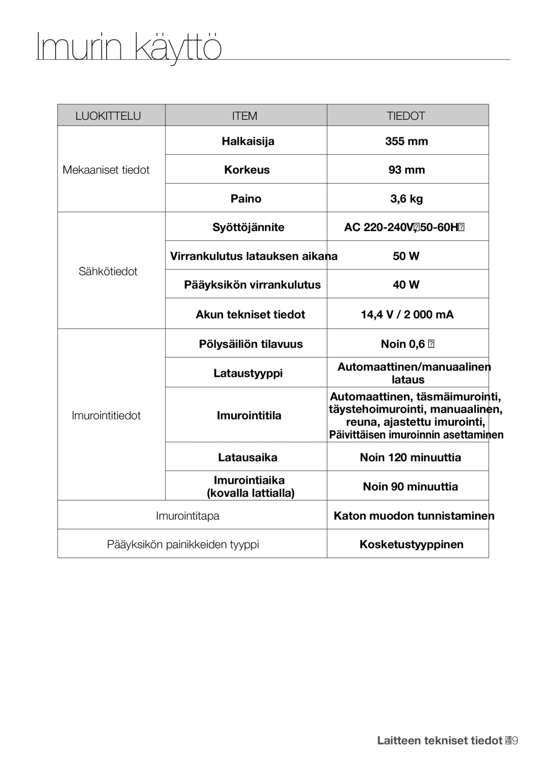 Samsung VR10F53UBAK/EE Mekaaniset tiedot, Sähkötiedot, Imurointitiedot, Imurointitapa, Pääyksikön painikkeiden tyyppi 