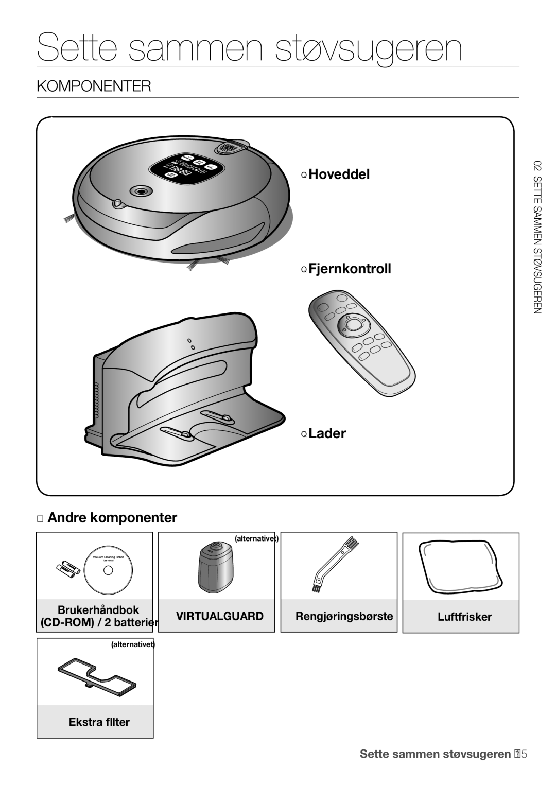 Samsung VR10F53UBAK/EE manual Sette sammen støvsugeren, Komponenter 