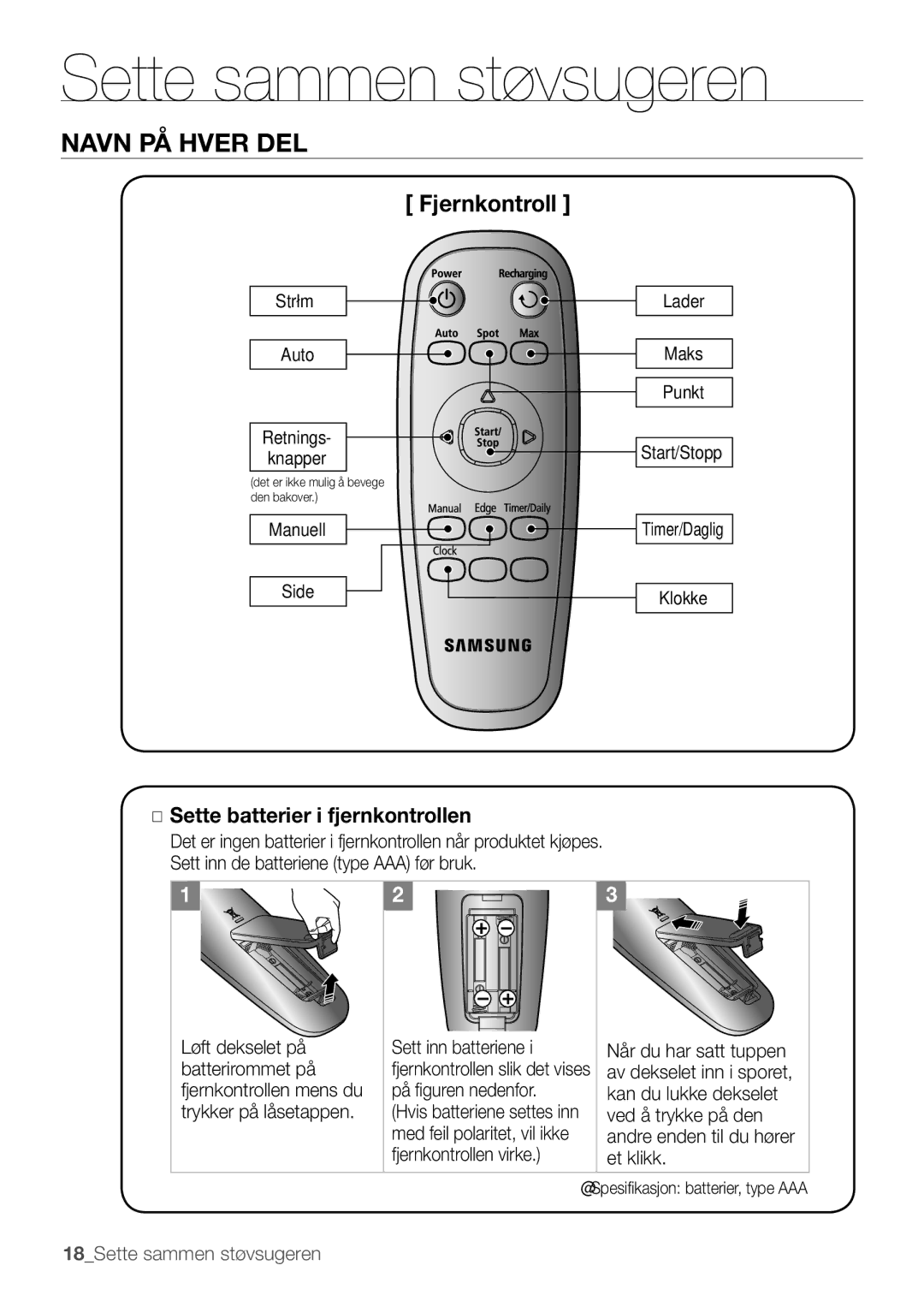 Samsung VR10F53UBAK/EE manual Fjernkontroll 