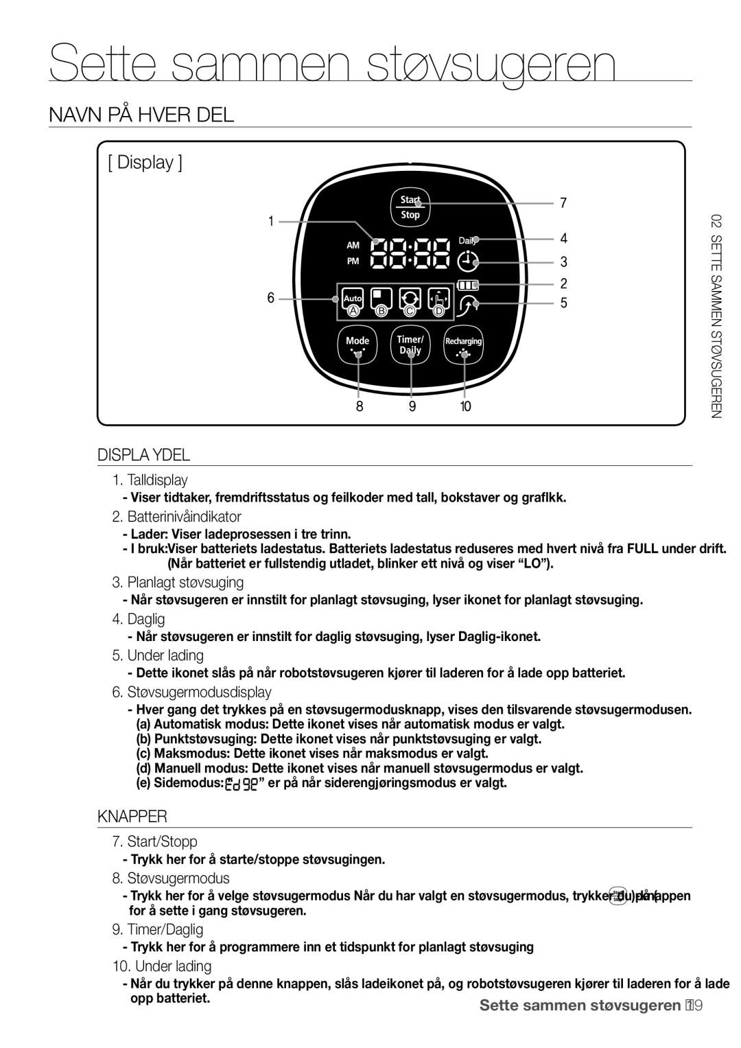 Samsung VR10F53UBAK/EE Talldisplay, Batterinivåindikator, Planlagt støvsuging, Daglig, Under lading, Støvsugermodusdisplay 