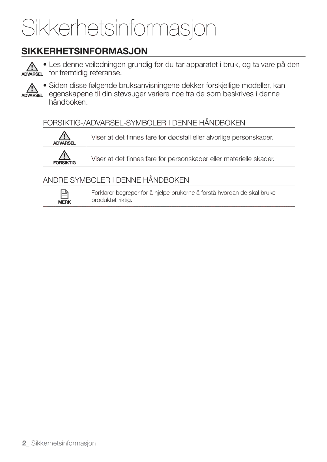 Samsung VR10F53UBAK/EE manual Sikkerhetsinformasjon 