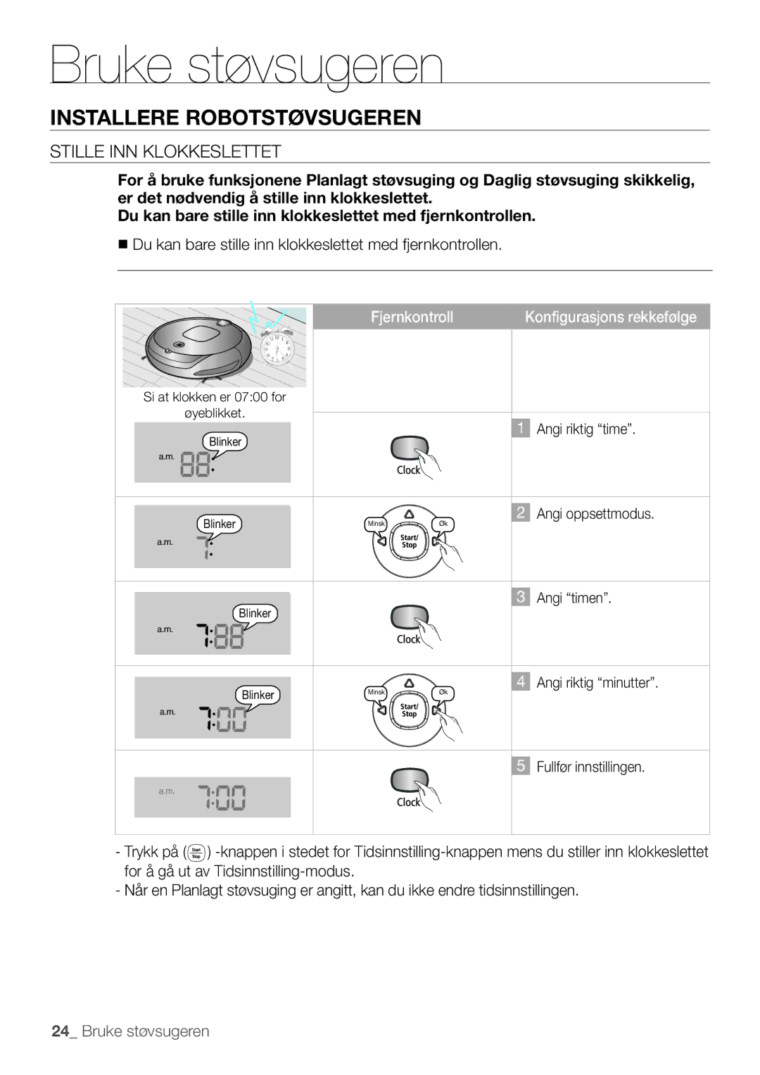 Samsung VR10F53UBAK/EE manual Stille inn klokkeslettet, Fjernkontroll 