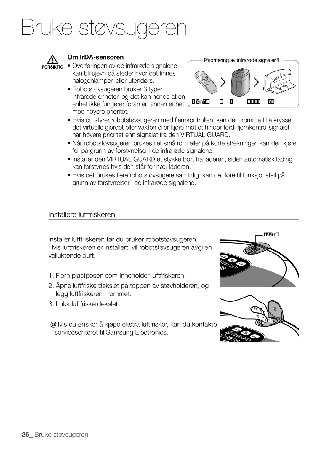 Samsung VR10F53UBAK/EE manual Installere luftfriskeren, Om IrDA-sensoren 