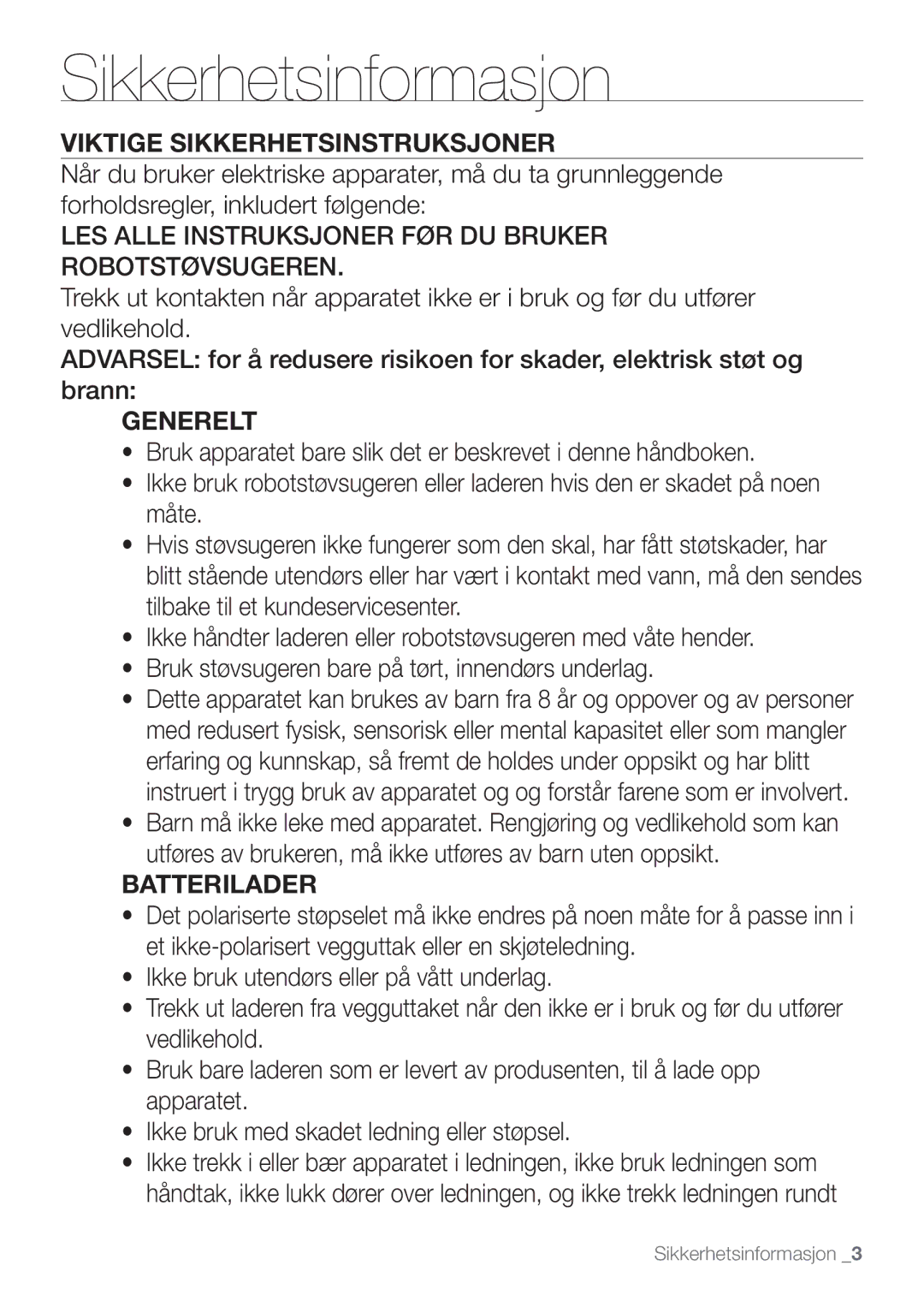 Samsung VR10F53UBAK/EE manual Viktige Sikkerhetsinstruksjoner, Generelt, Batterilader 