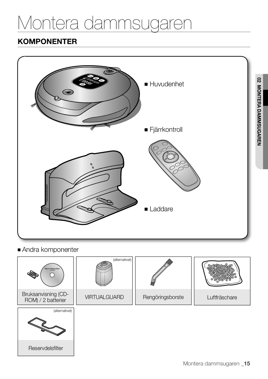 Samsung VR10F53UBAK/EE manual Montera dammsugaren, Komponenter, Reservdelsfilter Rengöringsborste Luftfräschare 