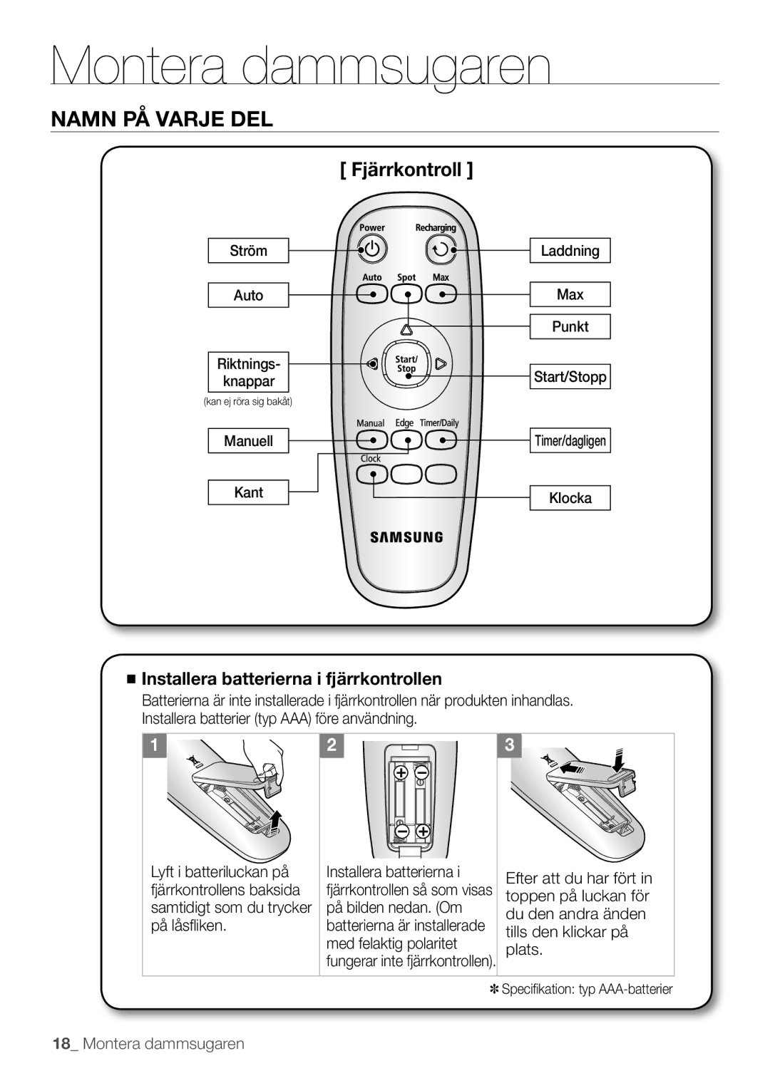 Samsung VR10F53UBAK/EE manual Fjärrkontroll 