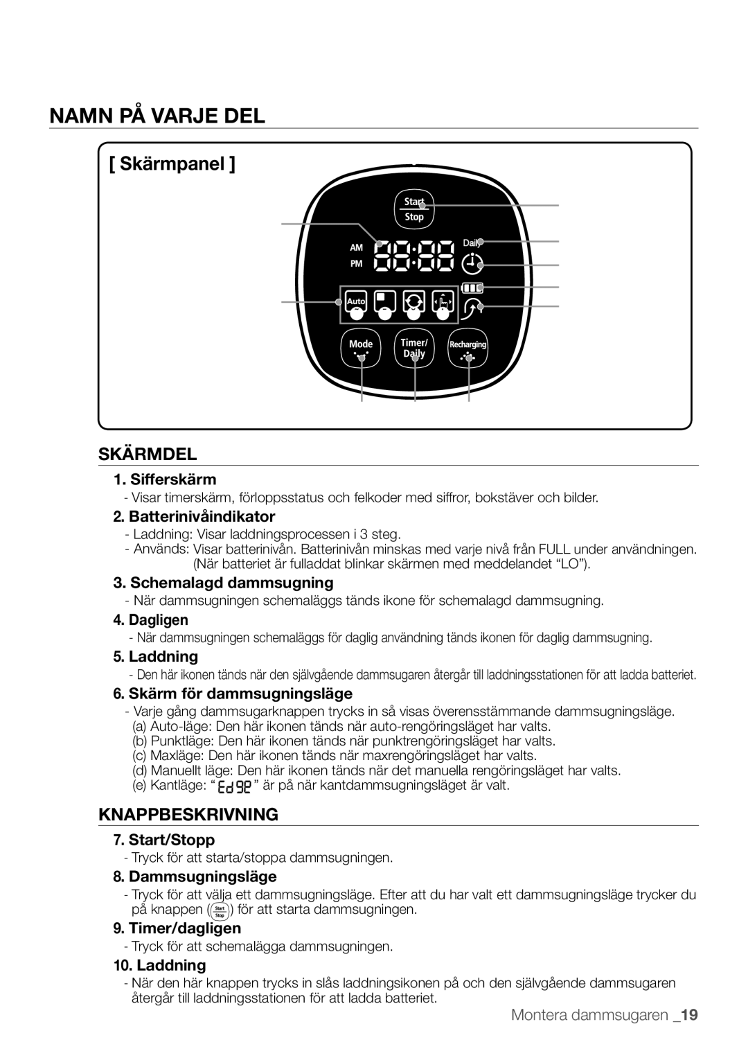 Samsung VR10F53UBAK/EE manual Sifferskärm, Batterinivåindikator, Schemalagd dammsugning, Dagligen, Laddning, Start/Stopp 