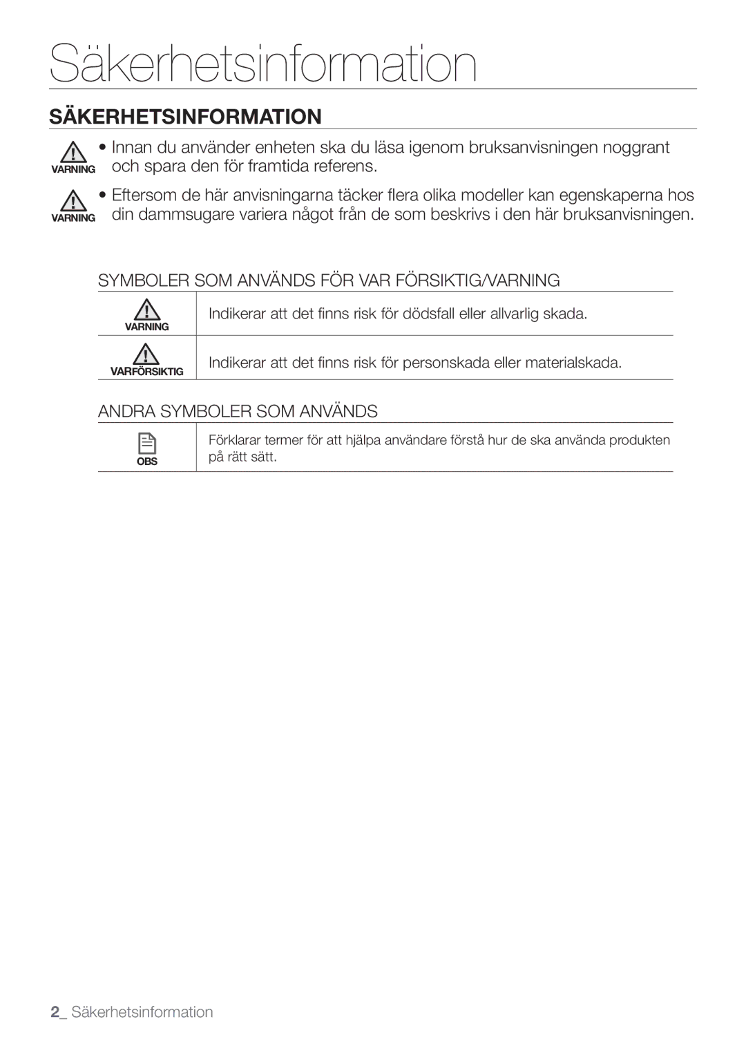 Samsung VR10F53UBAK/EE manual Säkerhetsinformation 