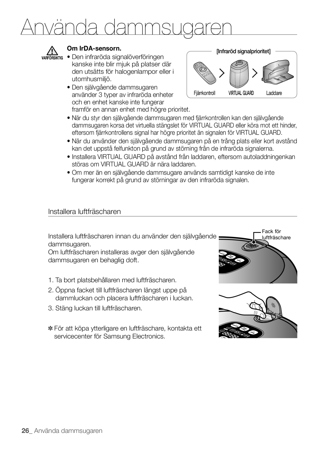 Samsung VR10F53UBAK/EE manual Installera luftfräscharen, Om IrDA-sensorn 