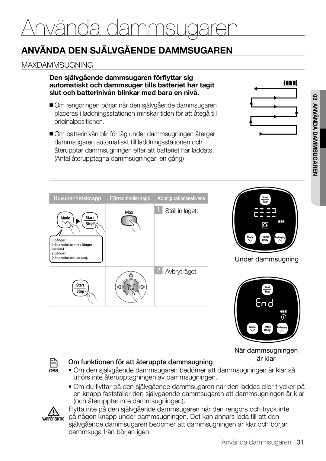 Samsung VR10F53UBAK/EE manual Maxdammsugning 