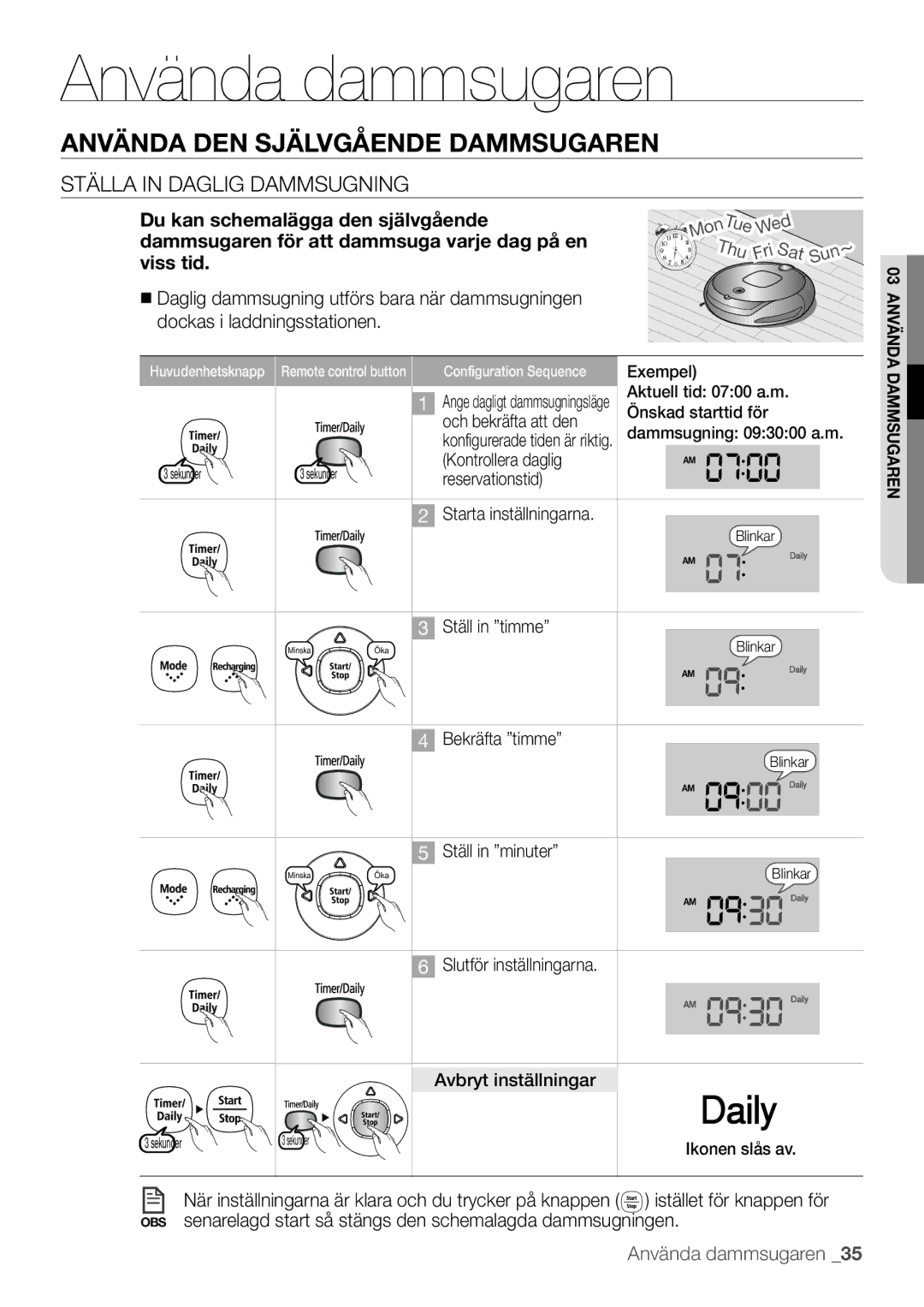 Samsung VR10F53UBAK/EE manual Ställa in daglig dammsugning, Viss tid 