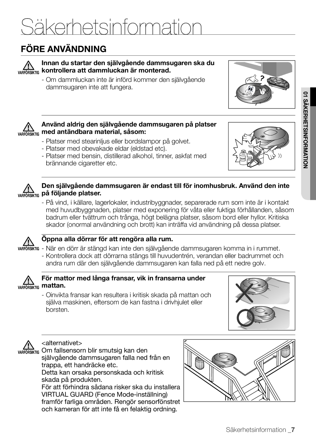 Samsung VR10F53UBAK/EE manual Före användning, Öppna alla dörrar för att rengöra alla rum 