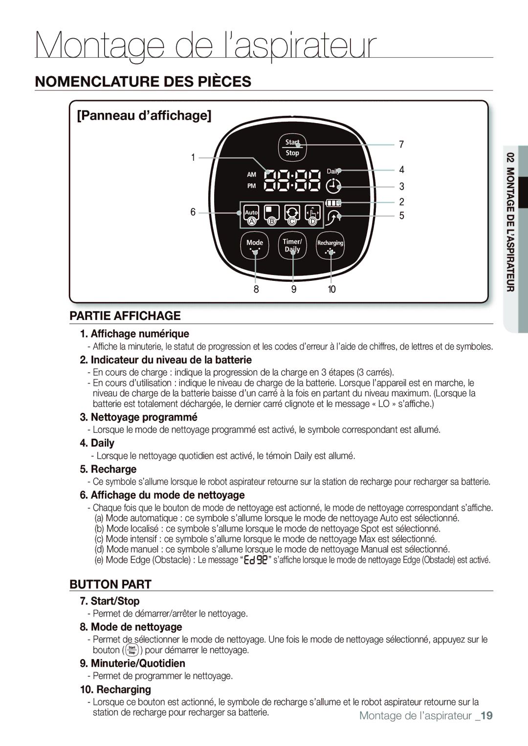 Samsung VR10F53TBDR/EF manual Afﬁchage numérique, Indicateur du niveau de la batterie, Nettoyage programmé, Daily, Recharge 