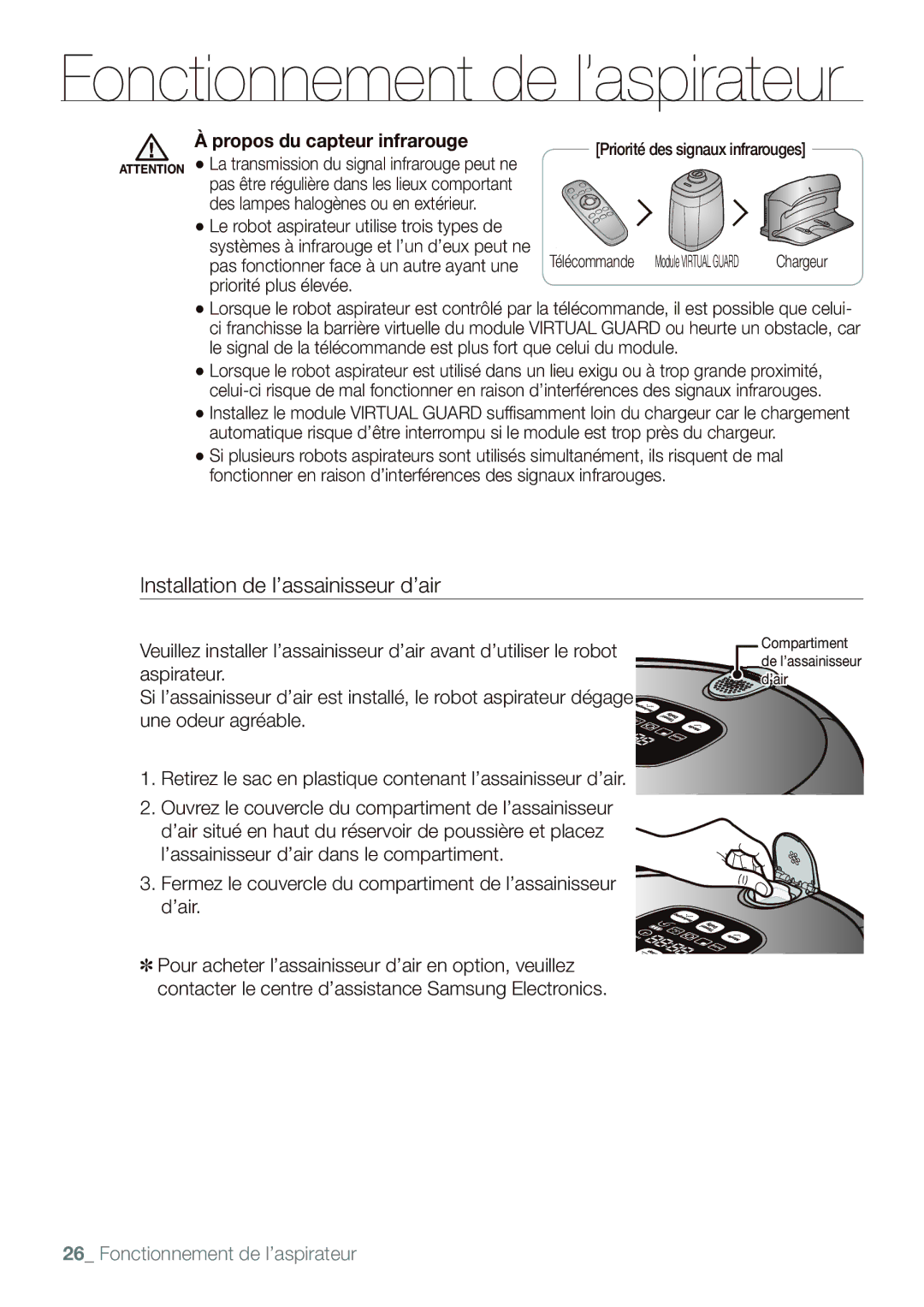 Samsung VR10F53UBAK/EF, VR10F53TBDR/EF manual Installation de l’assainisseur d’air, Propos du capteur infrarouge 