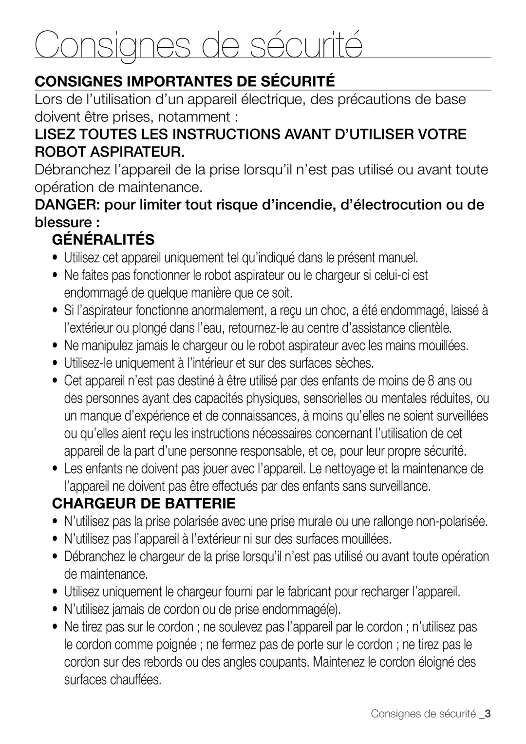 Samsung VR10F53TBDR/EF, VR10F53UBAK/EF manual Consignes Importantes DE Sécurité, Généralités, Chargeur DE Batterie 