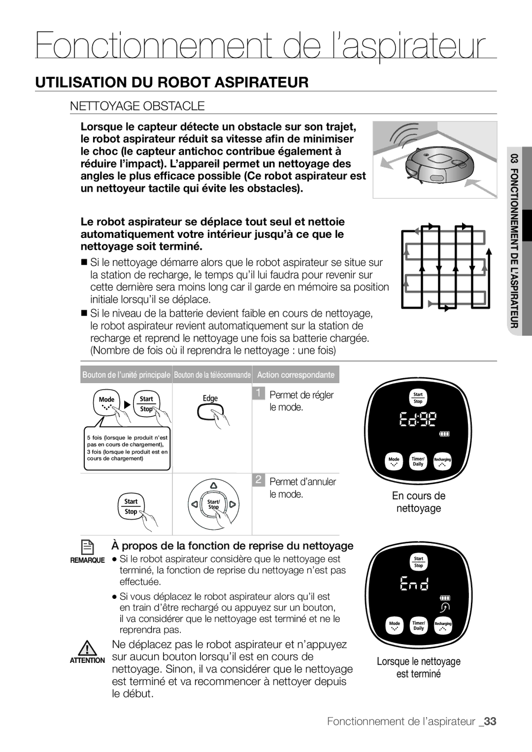 Samsung VR10F53TBDR/EF, VR10F53UBAK/EF manual Nettoyage Obstacle, Le mode 