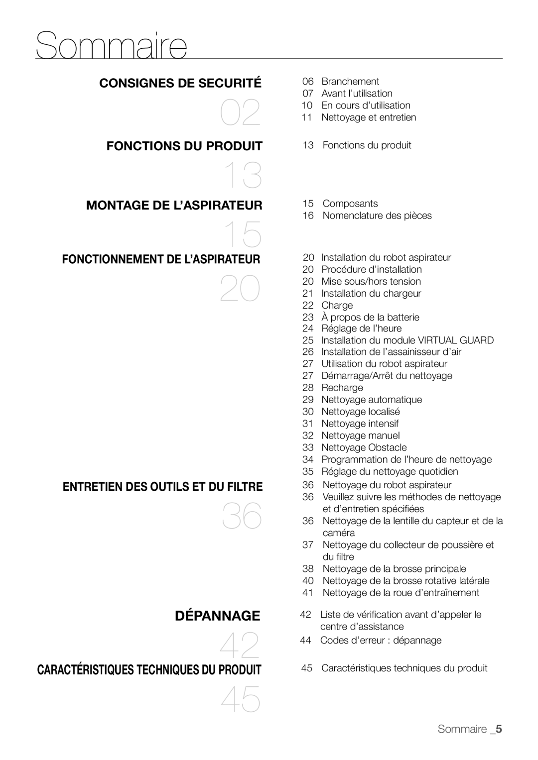 Samsung VR10F53TBDR/EF, VR10F53UBAK/EF manual Sommaire, Consignes DE Securité Fonctions DU Produit 