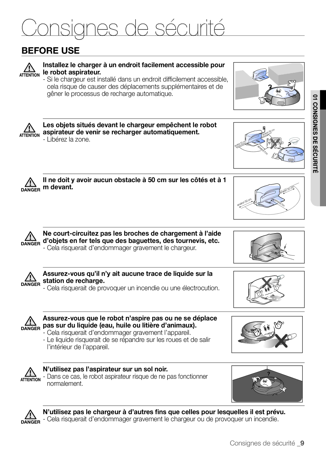 Samsung VR10F53TBDR/EF, VR10F53UBAK/EF manual Before USE, Les objets situés devant le chargeur empêchent le robot 