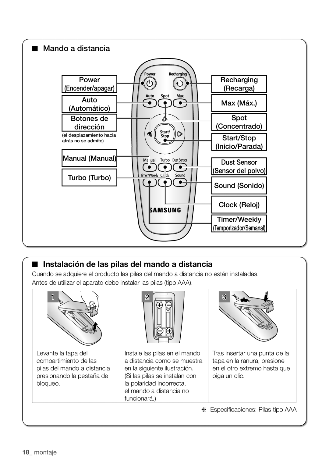 Samsung VR10F71UCBC/EE manual Recharging, Recarga, Dust Sensor, Turbo Turbo Sensor del polvo Sound Sonido Clock Reloj 