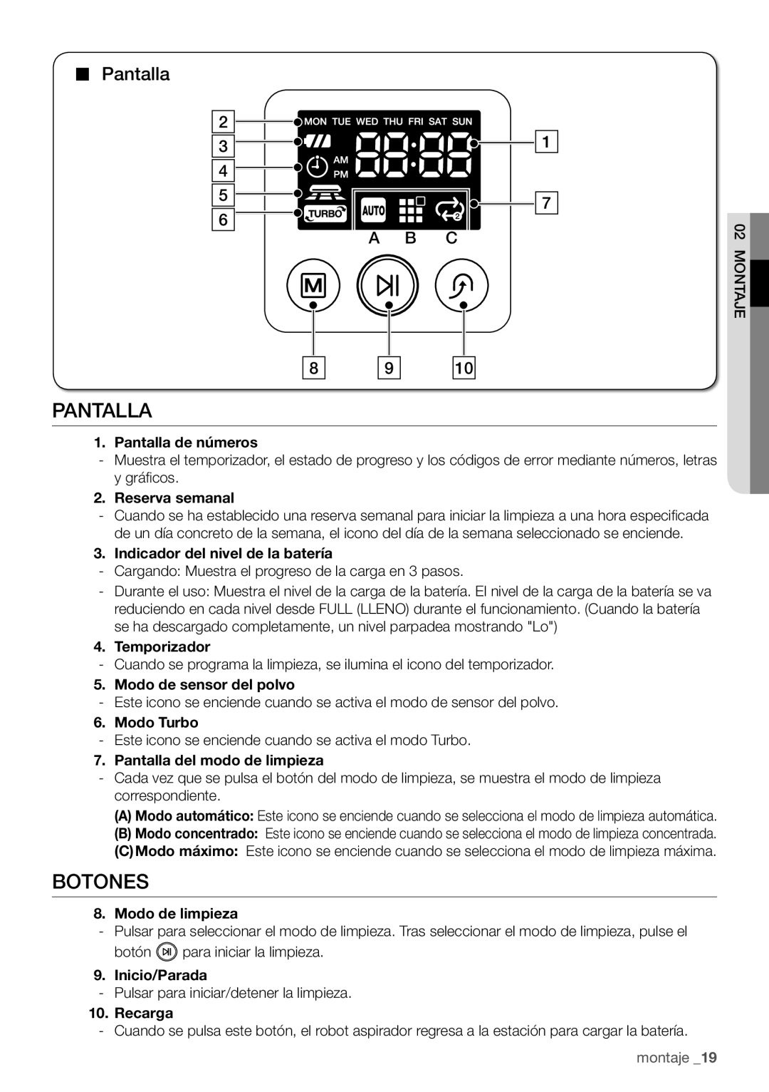 Samsung VR10F71UCBC/EE manual Pantalla, Botones 