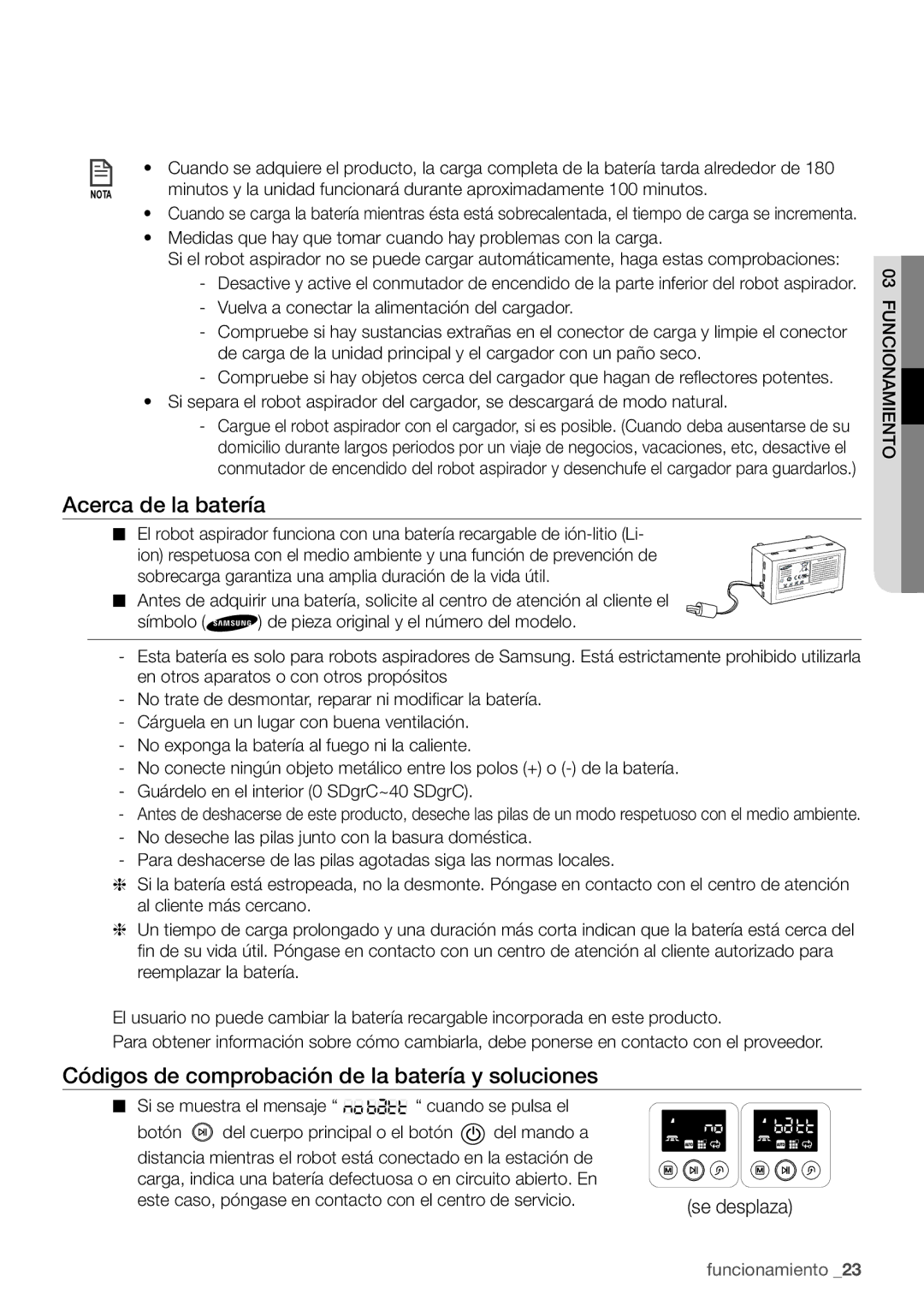 Samsung VR10F71UCBC/EE manual Acerca de la batería, Códigos de comprobación de la batería y soluciones, 03funcionamiento 