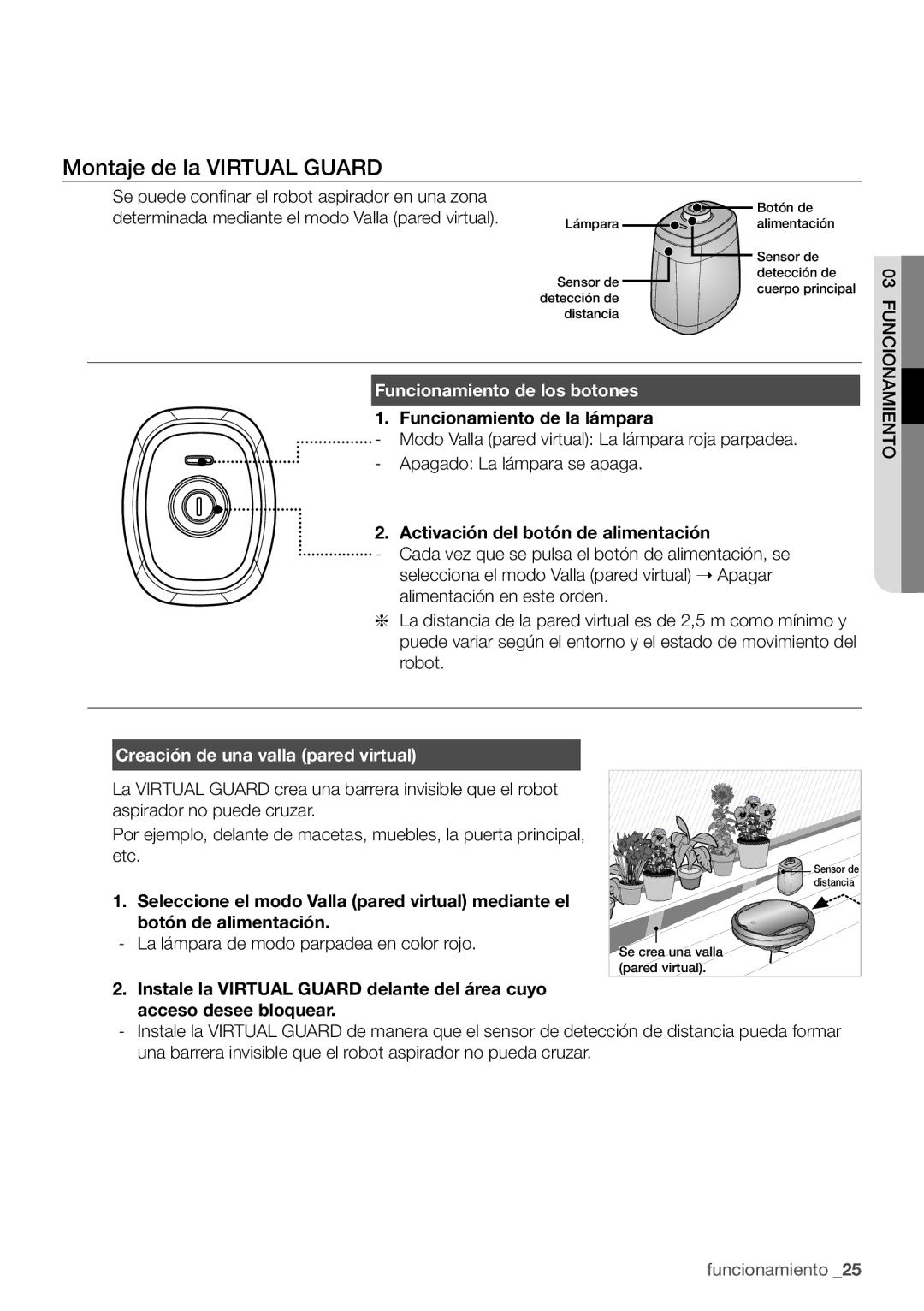 Samsung VR10F71UCBC/EE manual Montaje de la Virtual Guard, Funcionamiento de los botones, Funcionamiento de la lámpara 