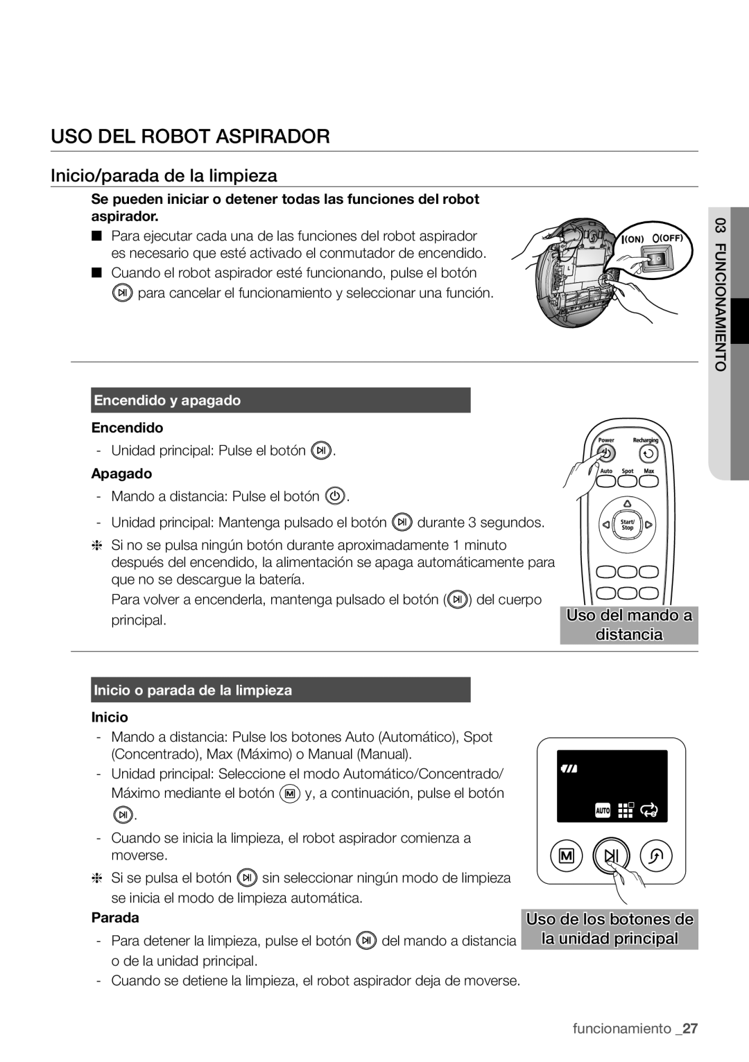 Samsung VR10F71UCBC/EE manual USO DEL Robot Aspirador, Inicio/parada de la limpieza, Encendido y apagado 