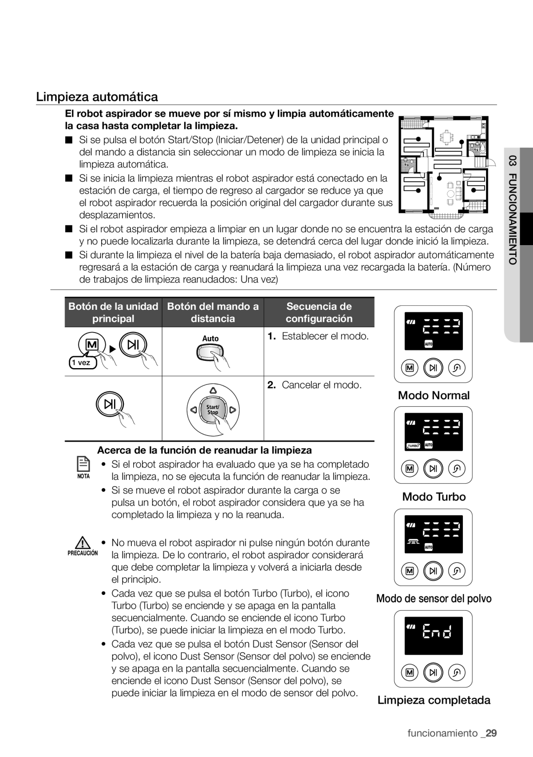 Samsung VR10F71UCBC/EE manual Limpieza automática, Secuencia de, Distancia, Establecer el modo, Cancelar el modo 