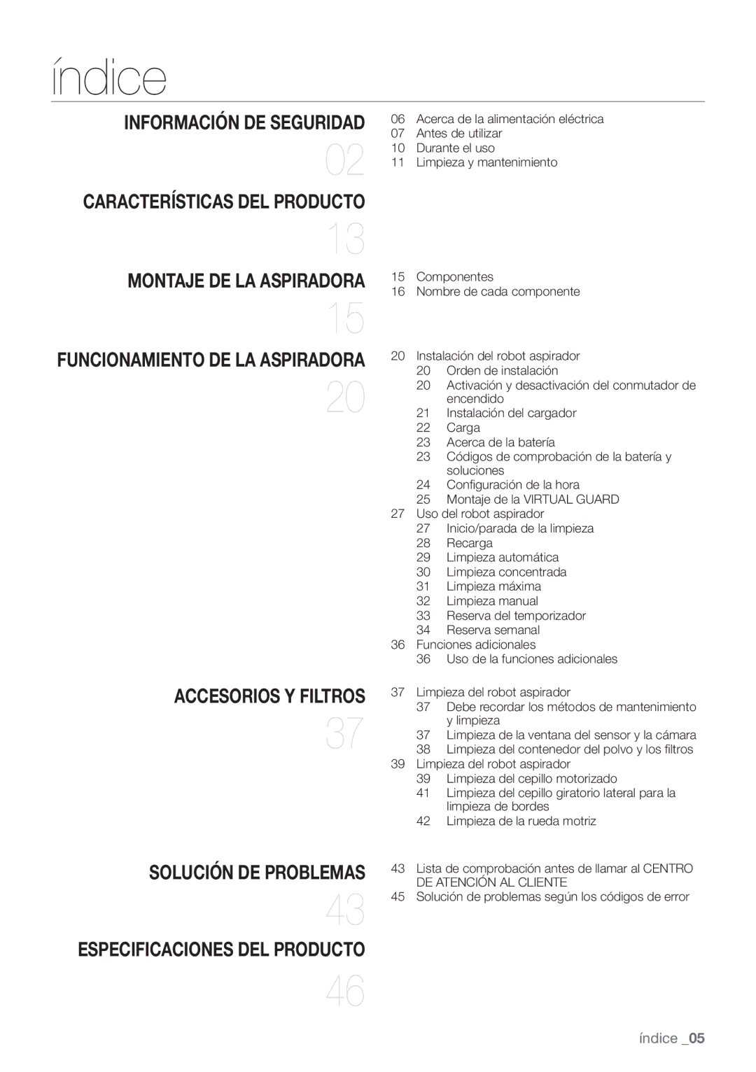 Samsung VR10F71UCBC/EE manual Índice, Accesorios Y Filtros 