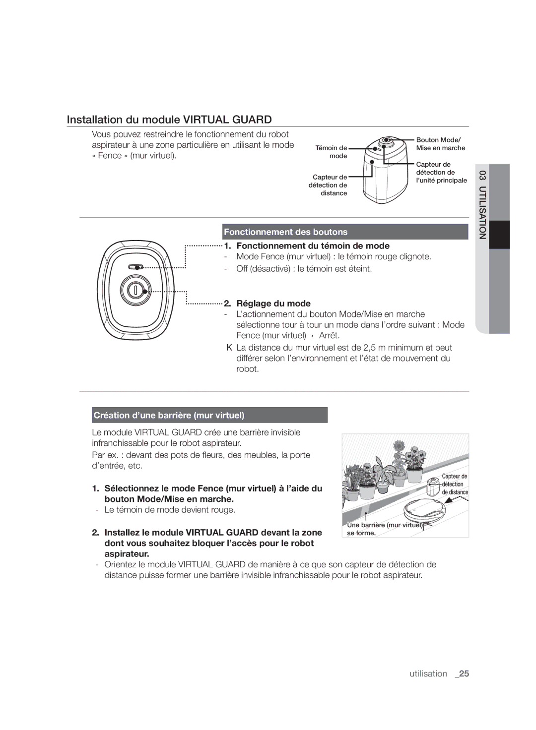 Samsung VR10F71UCBC/EF manual Installation du module Virtual Guard, Fonctionnement des boutons 