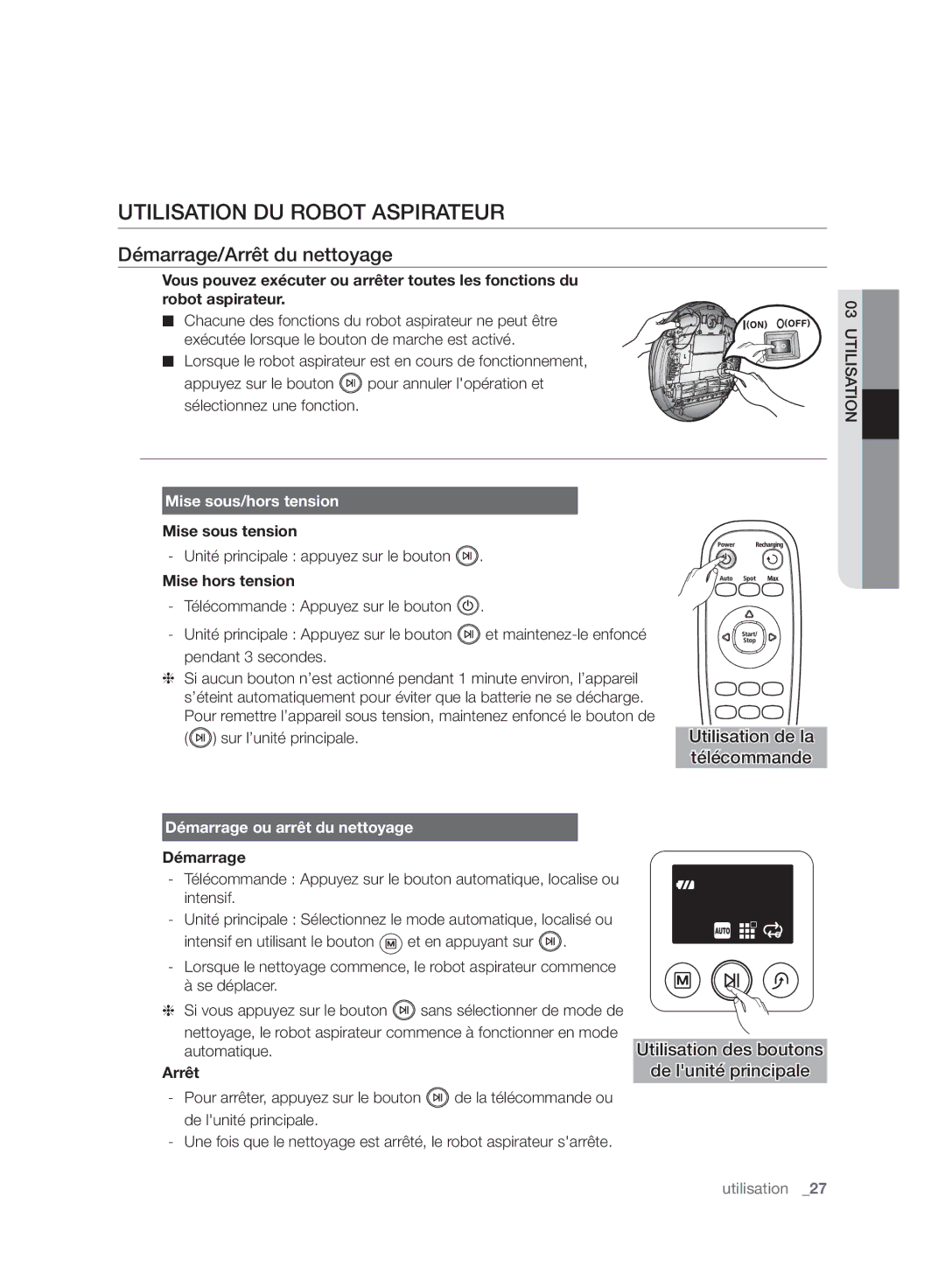 Samsung VR10F71UCBC/EF manual Utilisation DU Robot Aspirateur, Démarrage/Arrêt du nettoyage, Mise sous/hors tension 