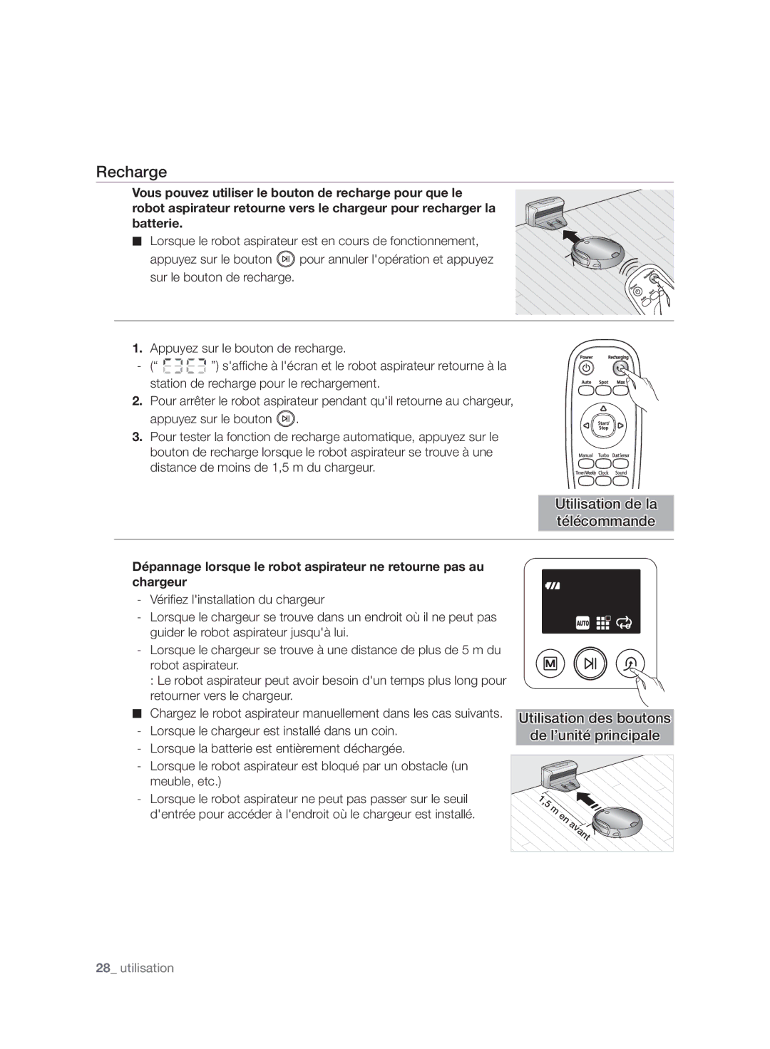 Samsung VR10F71UCBC/EF manual Recharge, Utilisation de la télécommande 