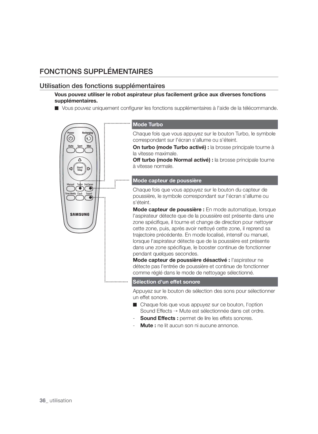 Samsung VR10F71UCBC/EF manual Fonctions Supplémentaires, Utilisation des fonctions supplémentaires, Mode Turbo 