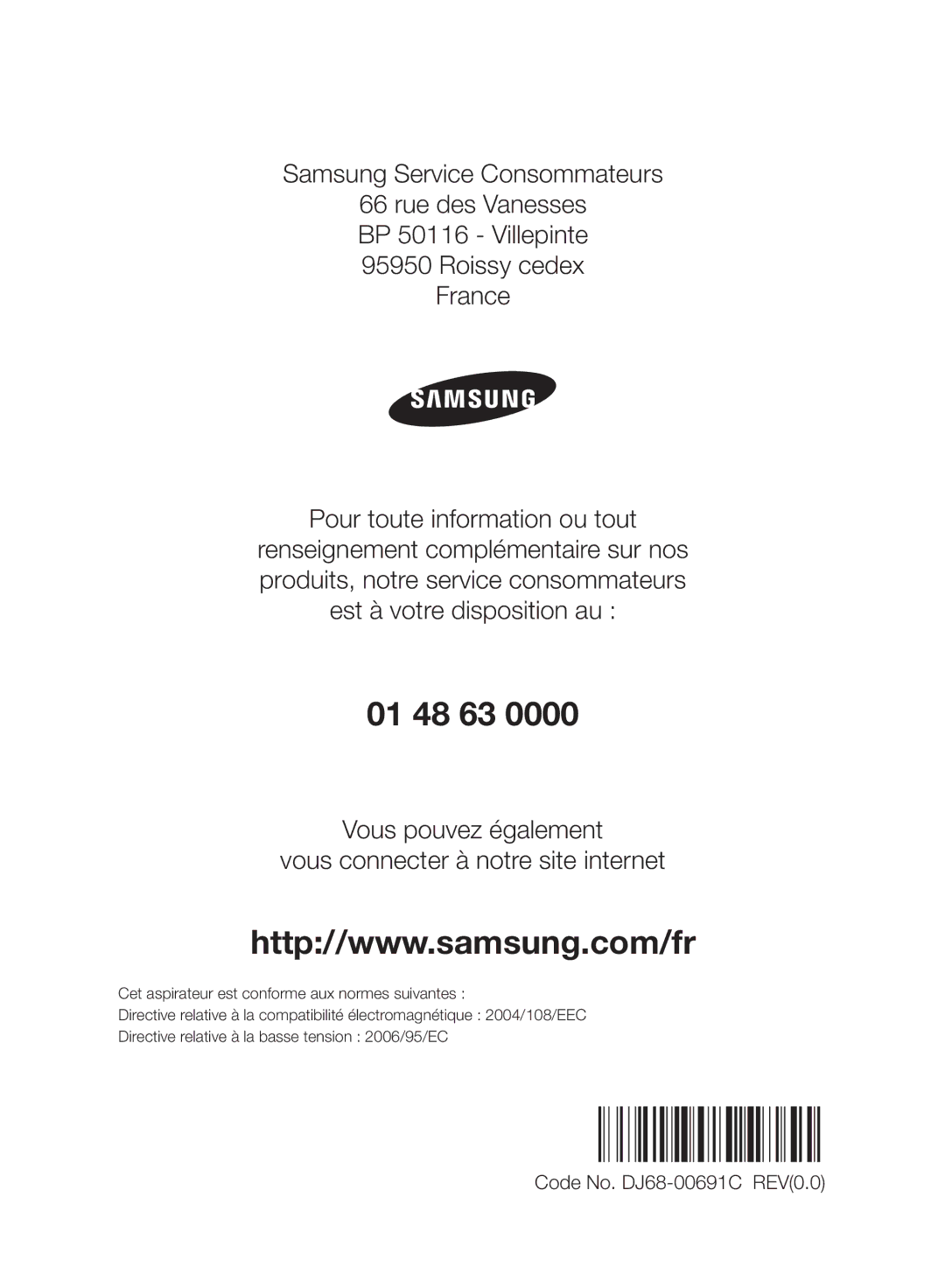 Samsung VR10F71UCBC/EF manual 01 48 63, Code No. DJ68-00691C REV0.0 