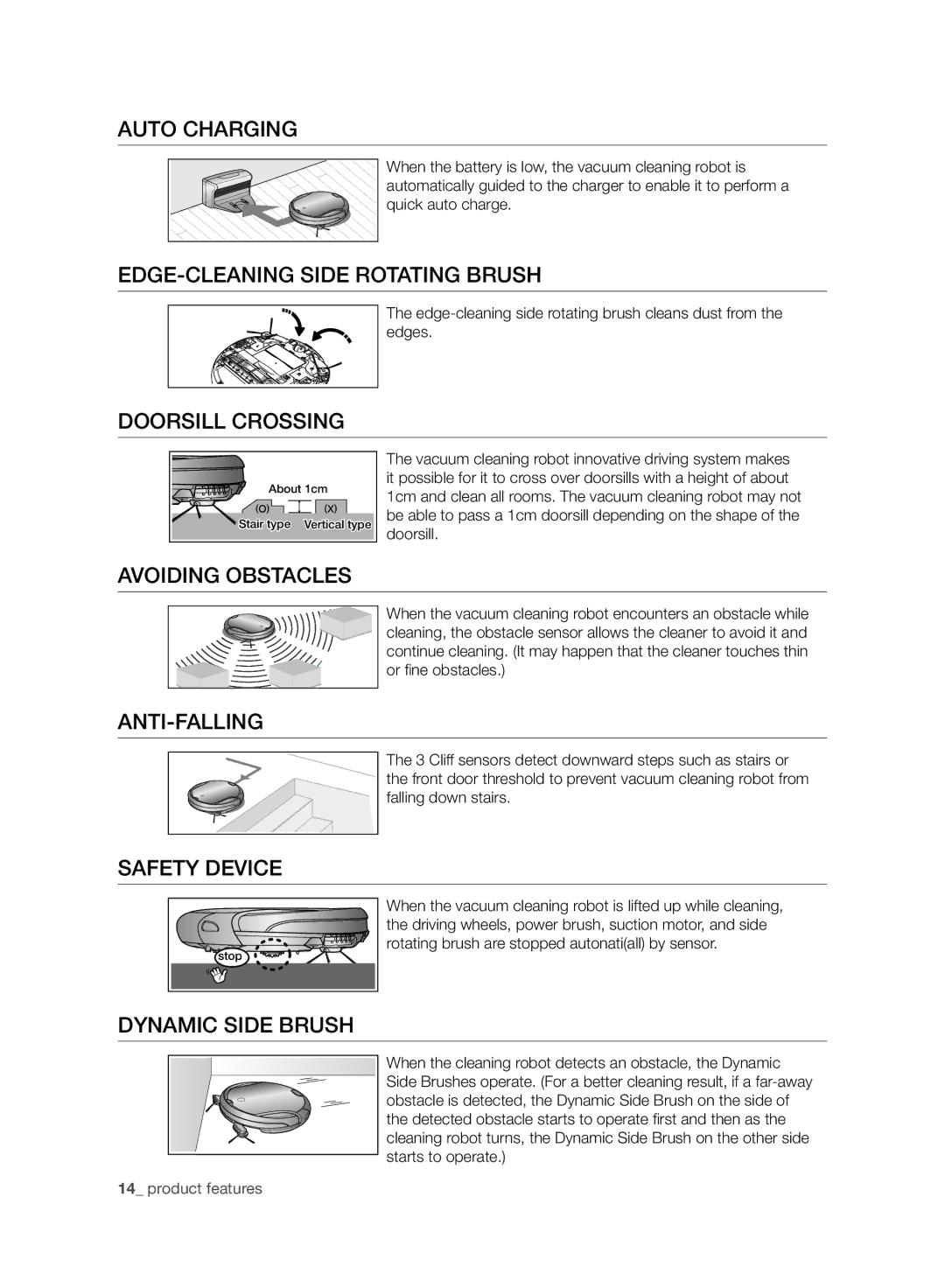 Samsung VR10F71UCBC/SW manual Auto Charging, EDGE-CLEANING Side Rotating Brush, Doorsill Crossing, Avoiding Obstacles 