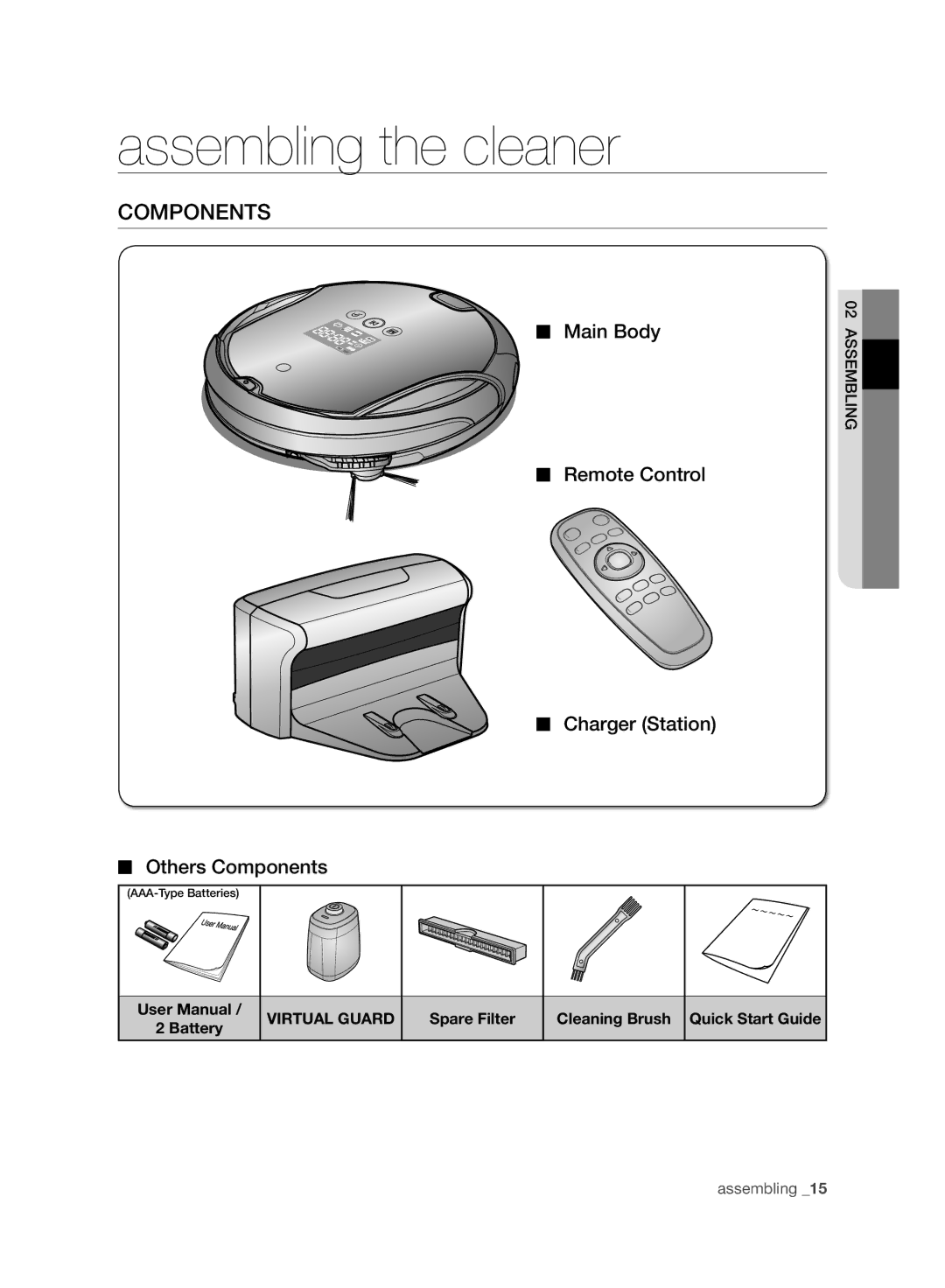 Samsung VR10F71UCBC/EG manual Assembling the cleaner, Main Body Remote Control Charger Station Others Components 