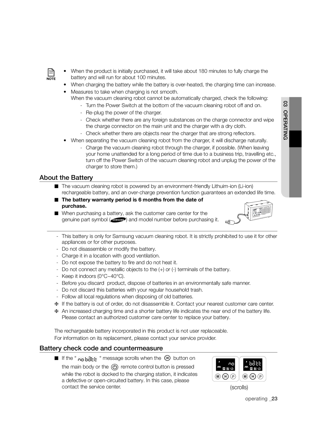 Samsung VR10F71UCBC/SW, VR10F71UCBC/EG, VR10F71UCBC/EO manual About the Battery, Battery check code and countermeasure 