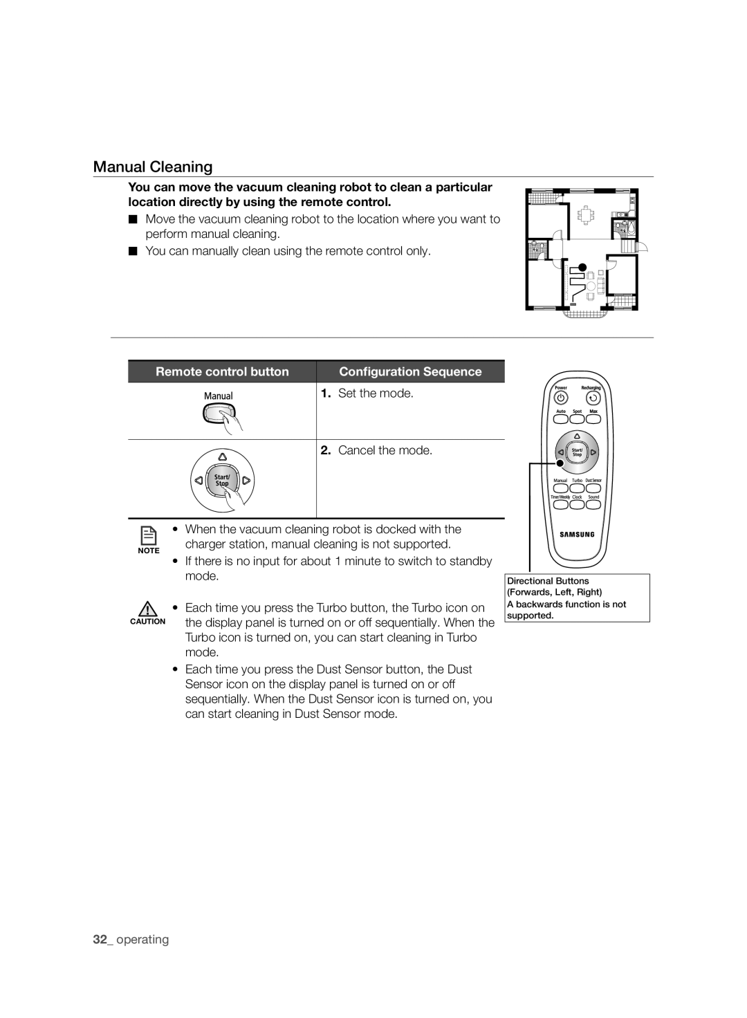 Samsung VR10F71UCBC/SW Manual Cleaning, Remote control button, Turbo icon is turned on, you can start cleaning in Turbo 