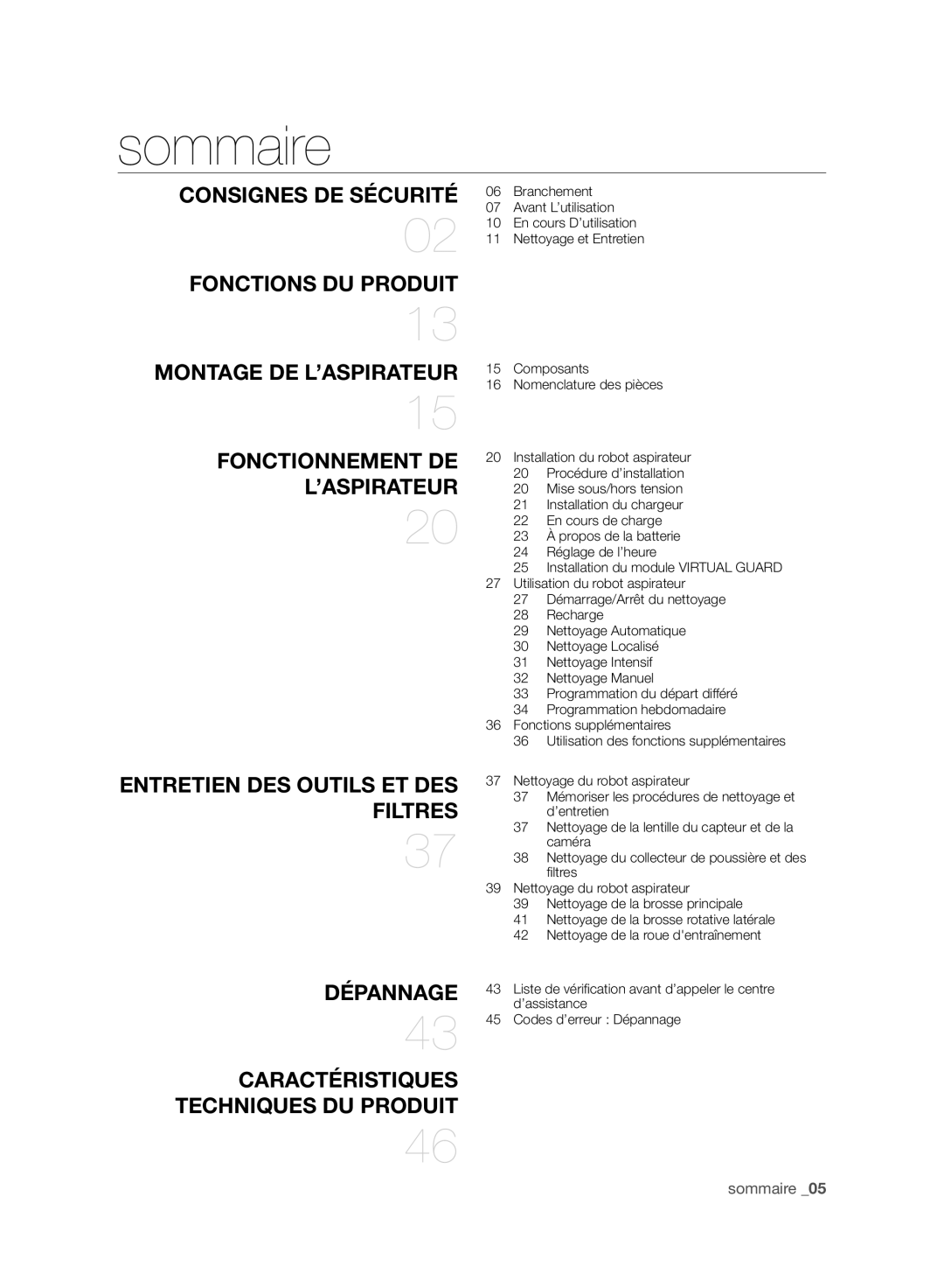 Samsung VR10F71UCBC/SW, VR10F71UCBC/EG, VR10F71UCBC/EO manual Sommaire, ’Aspirateur 